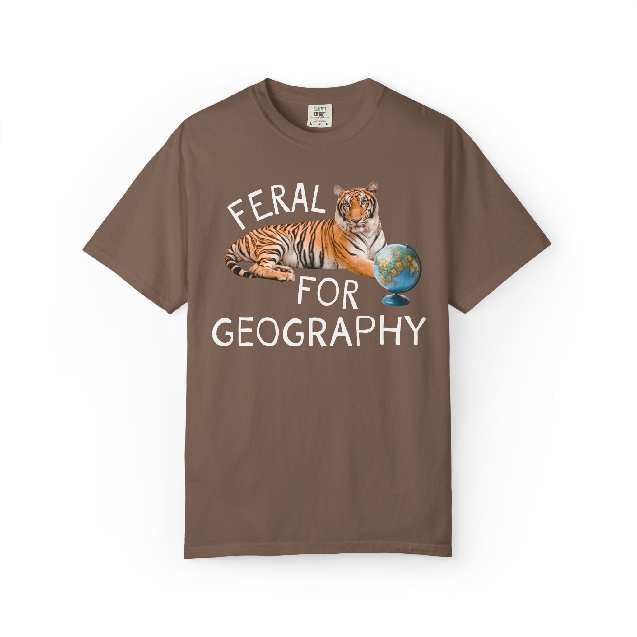 Geography Lover Tee for Middle School Teacher: Feral for Geography, Silly Animal Lover T-Shirt with Tiger Holding Books, Matching Teacher T