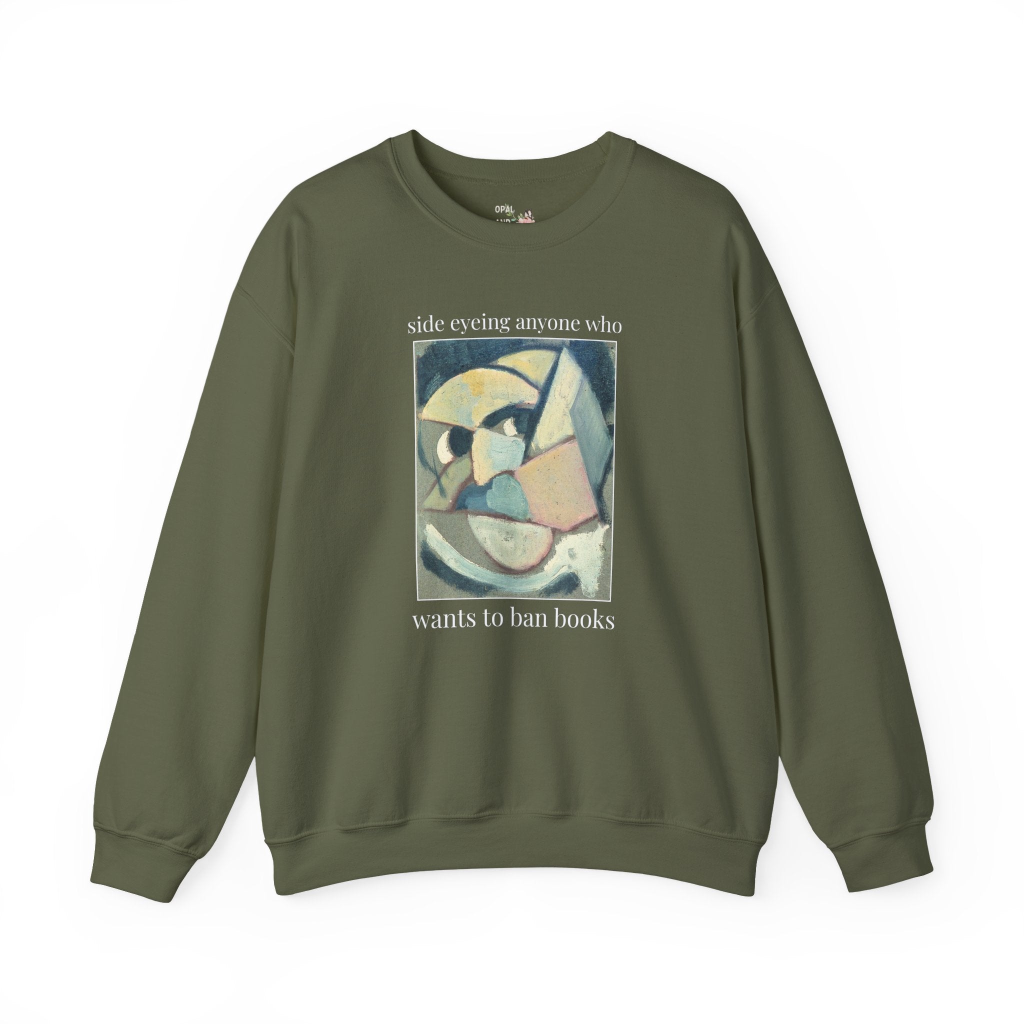 Read Banned Books Art History Lover Sweatshirt, Abstracted Portrait by Theo van Doesburg, Funny Book Lover Crewneck for Librarian or Reader