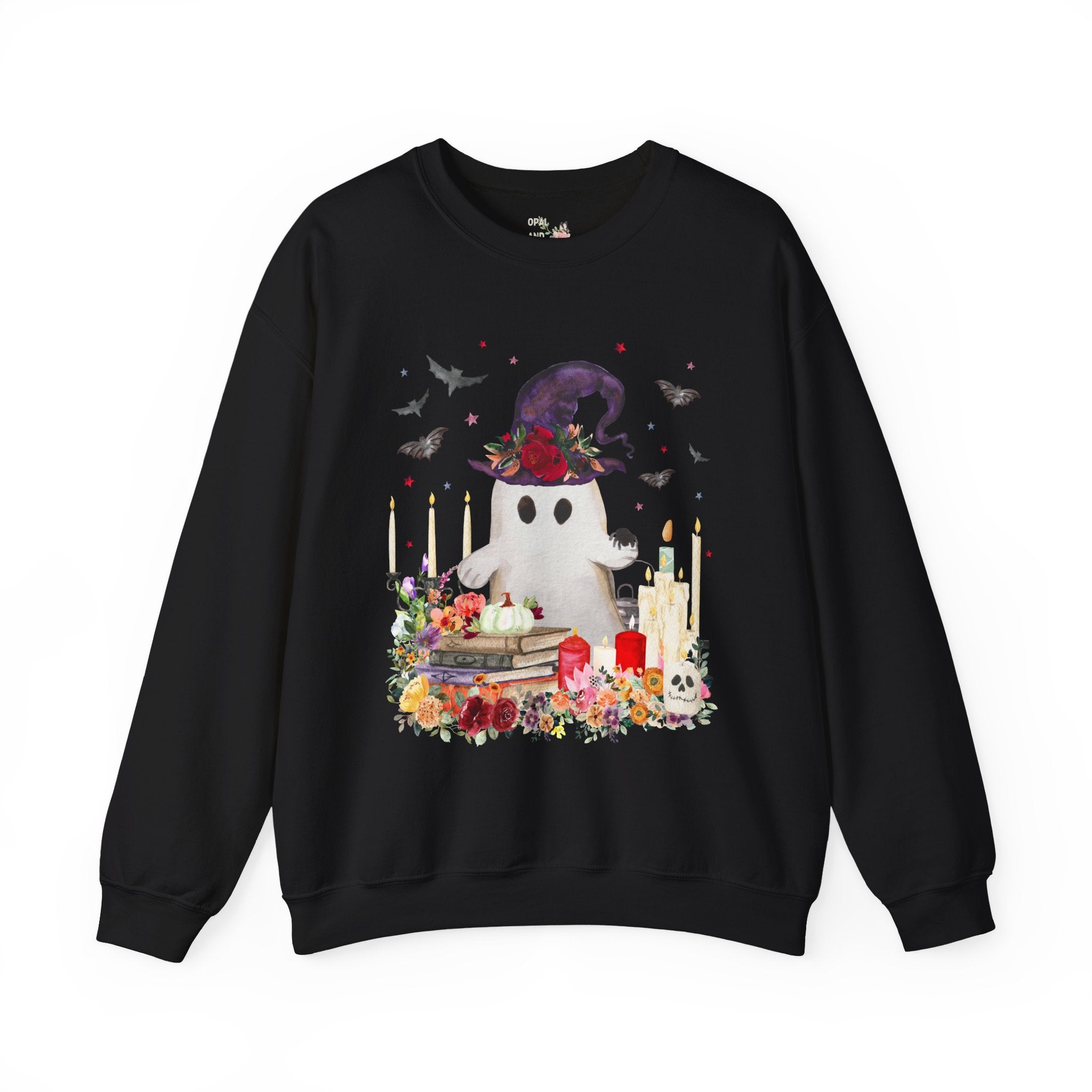 Ghost Sweatshirt for Halloween: Ghost with Flowers and Books | Cute Halloween Sweatshirt, Boho Halloween, Spooky Sweatshirt with Bats