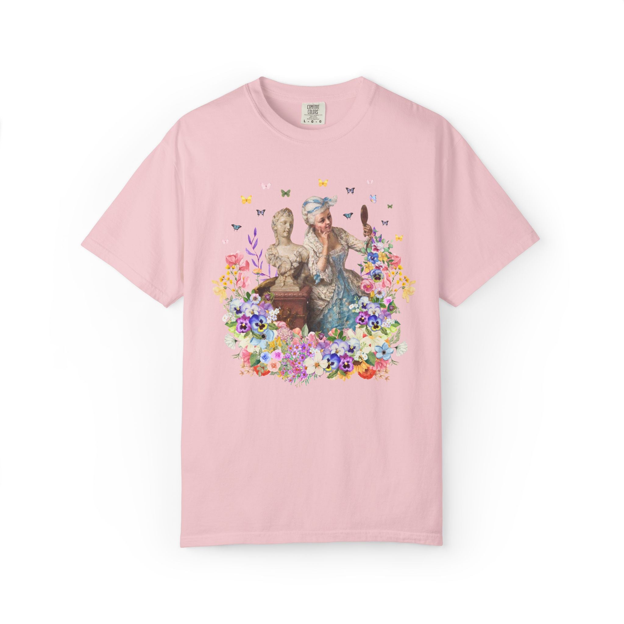 Classic Art History Statue Lover Tee Shirt for Artist Who Loves Roman History, Rococo Aesthetic Girly Maximalist Flower Collage T-Shirt