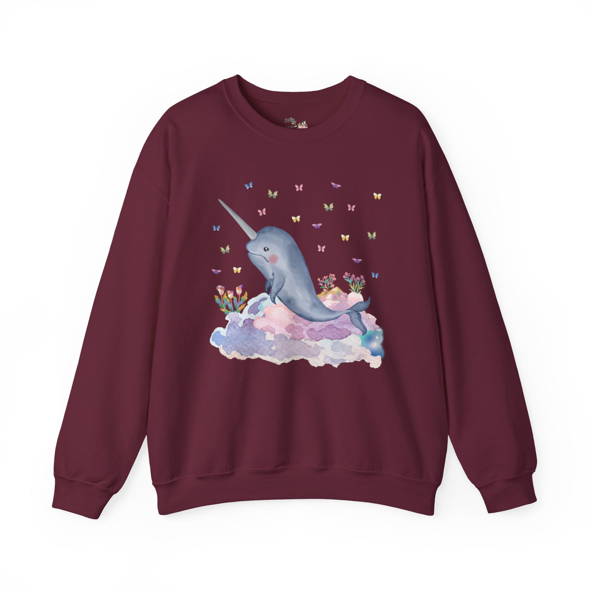 Pastel Narwhal Sweatshirt with Butterflies and Plants: Nineties Throwback Shirt | Creative Ocean Gift for Science Teacher or Biology Major