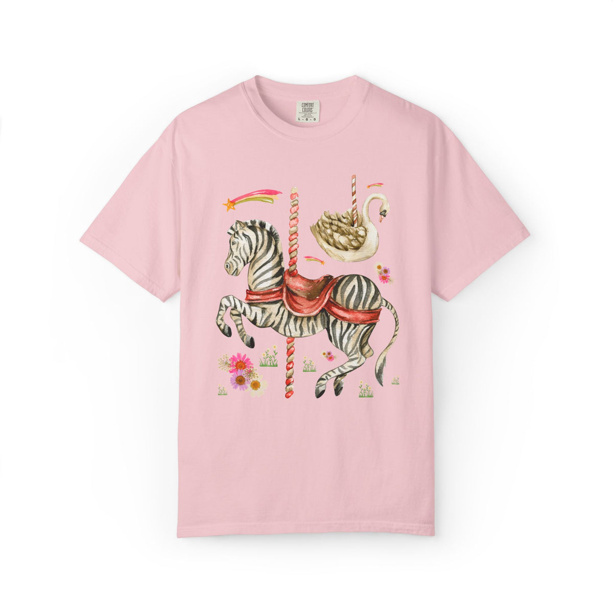 Zebra and Swan Nostalgic Carousal T-Shirt for Animal Lover with Shooting Stars and Flowers
