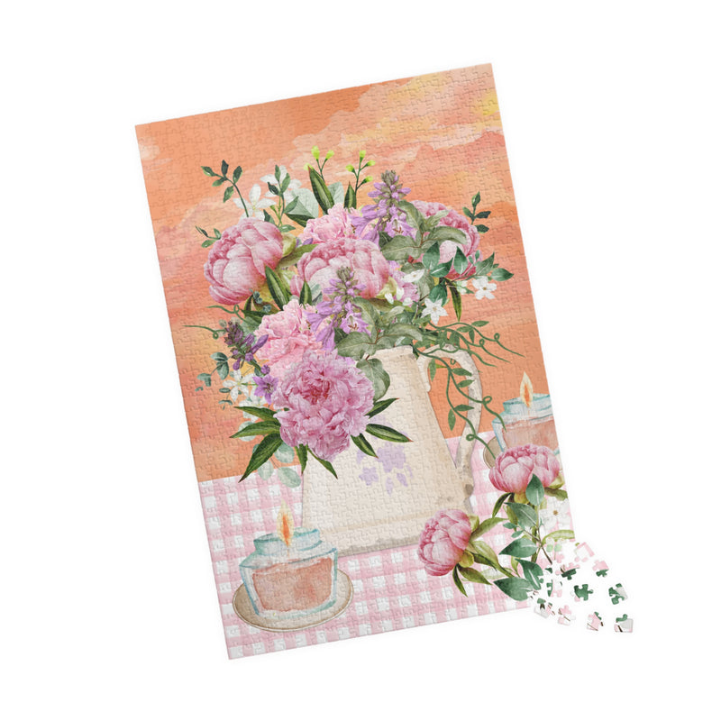 Dreamy Boho Puzzle with Vintage Aesthetic: Pink Flowers and Orange Sunset | Puzzle for Adults, Creative and Cheerful Floral Gift for Mom