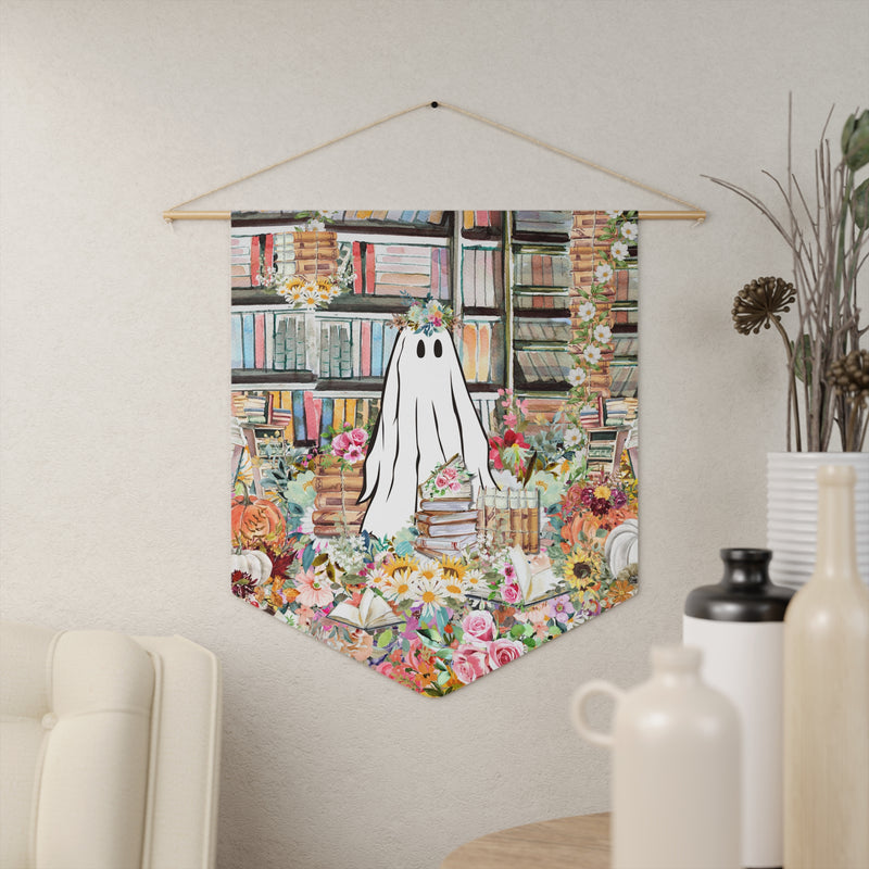 Floral Ghost in Library Wall Decor: Funny Ghost Wall Pennant for Halloween | Spooky and Adorable Whimsigoth Cottagecore Ghost, Floral Books