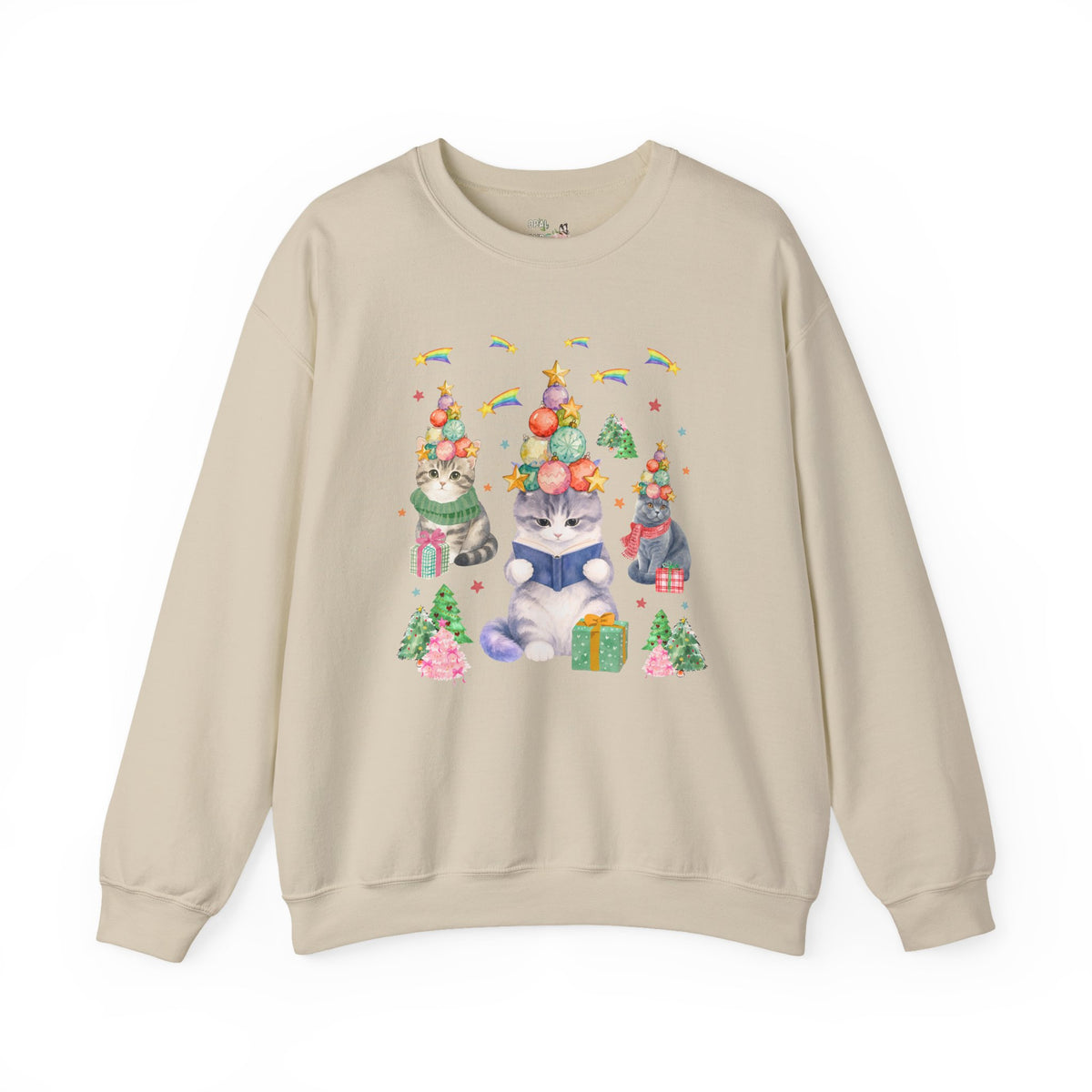 Bookish Cat Christmas Sweatshirt with Shooting Rainbow Stars, Funny Dreamcore Kitten 90s Aesthetic Crewneck for Cat Mom or Cat Dad, Animal Lover Shirt