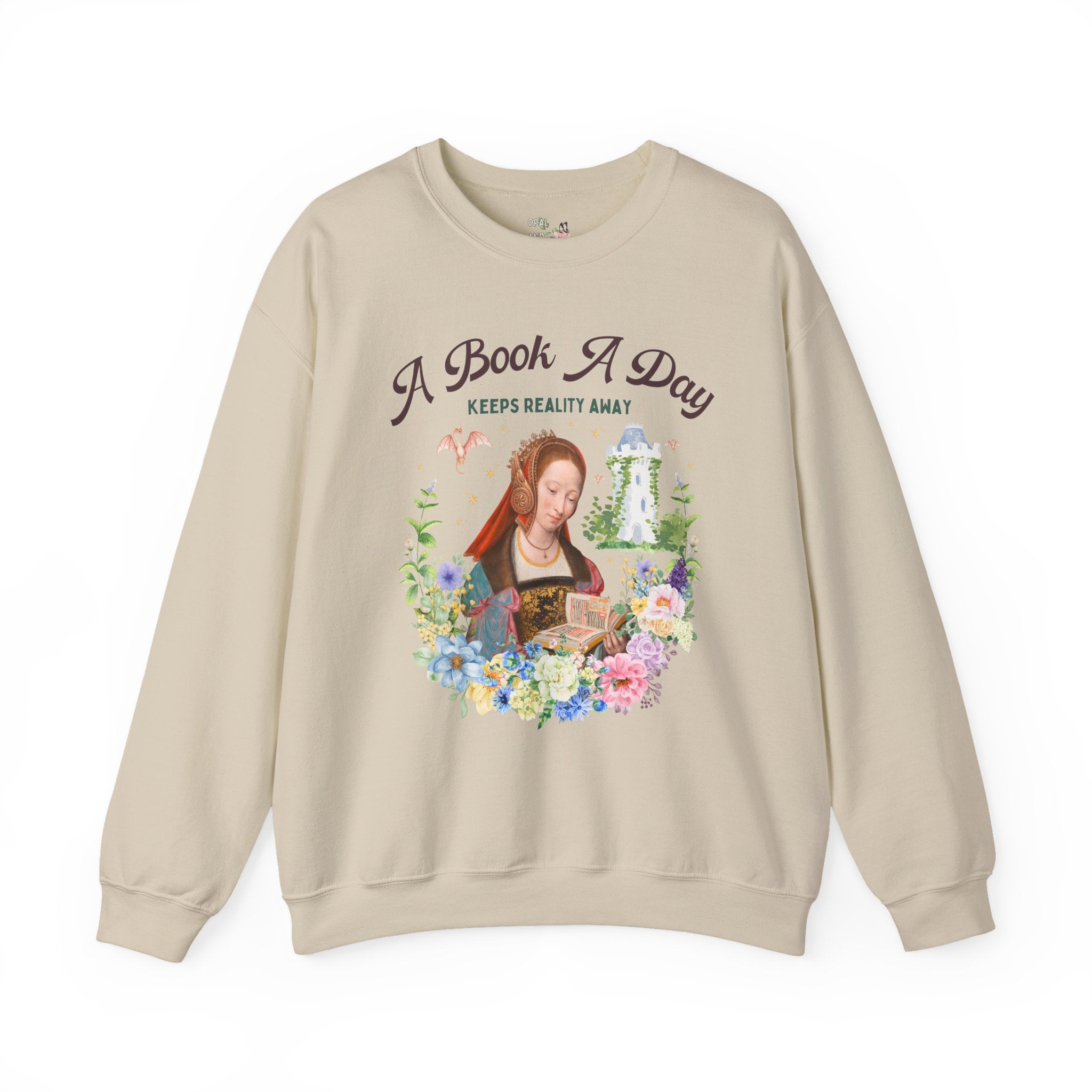 A Book A Day Keeps Reality Away: Bookish Art History Sweatshirt, The Master of Frankfurt Dragon Lover Fantasy Romance Reader Crewneck with Flowers