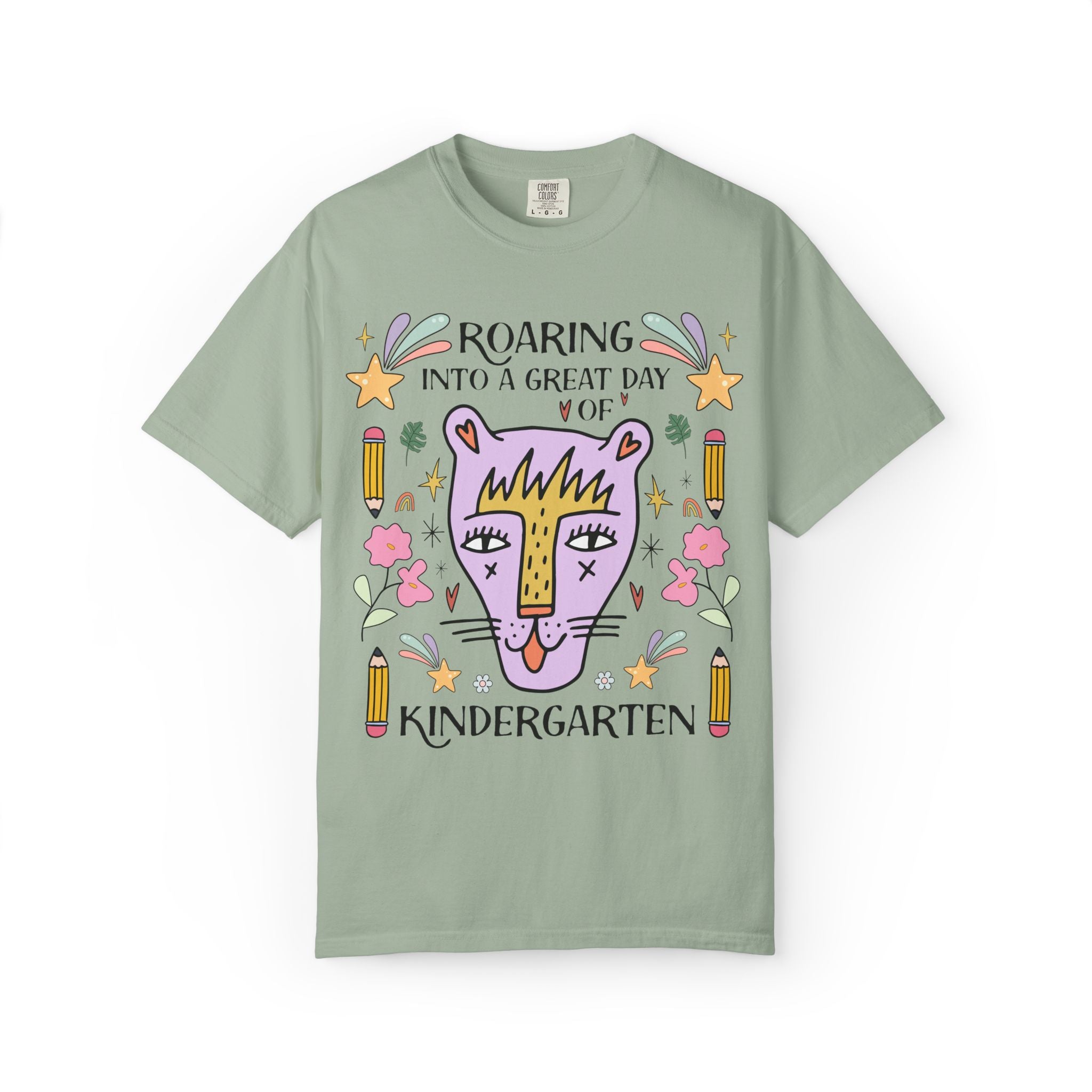 Kindergarten Teacher Tee Shirt: Roaring Into a Great Day of Kindergarten | Cute Matching Teacher or Paraprofessional Tee with Pencils