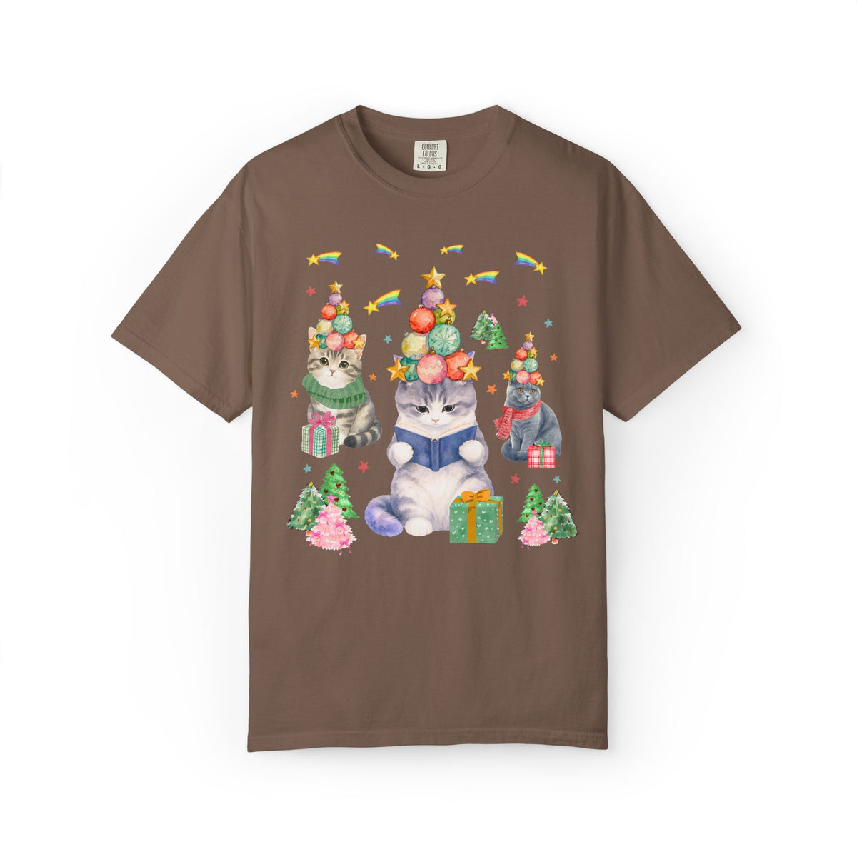 Bookish Cat Christmas Tee Shirt with Shooting Rainbow Stars, Funny Dreamcore Kitten 90s Aesthetic T-Shirt for Cat Mom or Cat Dad, Animal Lover Tee