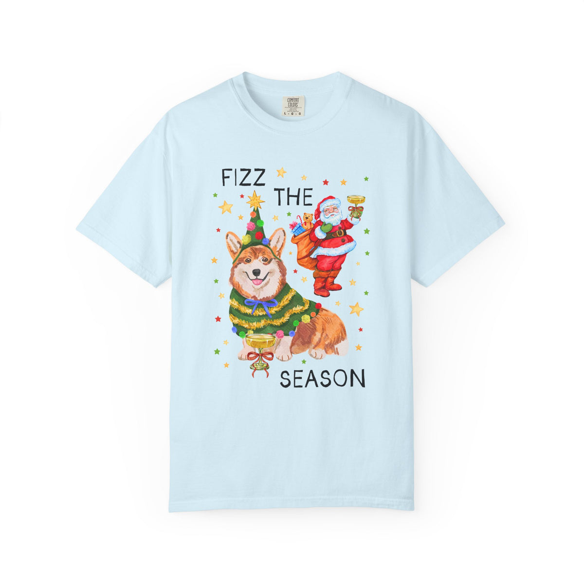 Fizz the Season: Funny Santa and Corgi Christmas T-Shirt with Stars, Cute Holiday Drinking Tee Shirt for Friend Group or Family