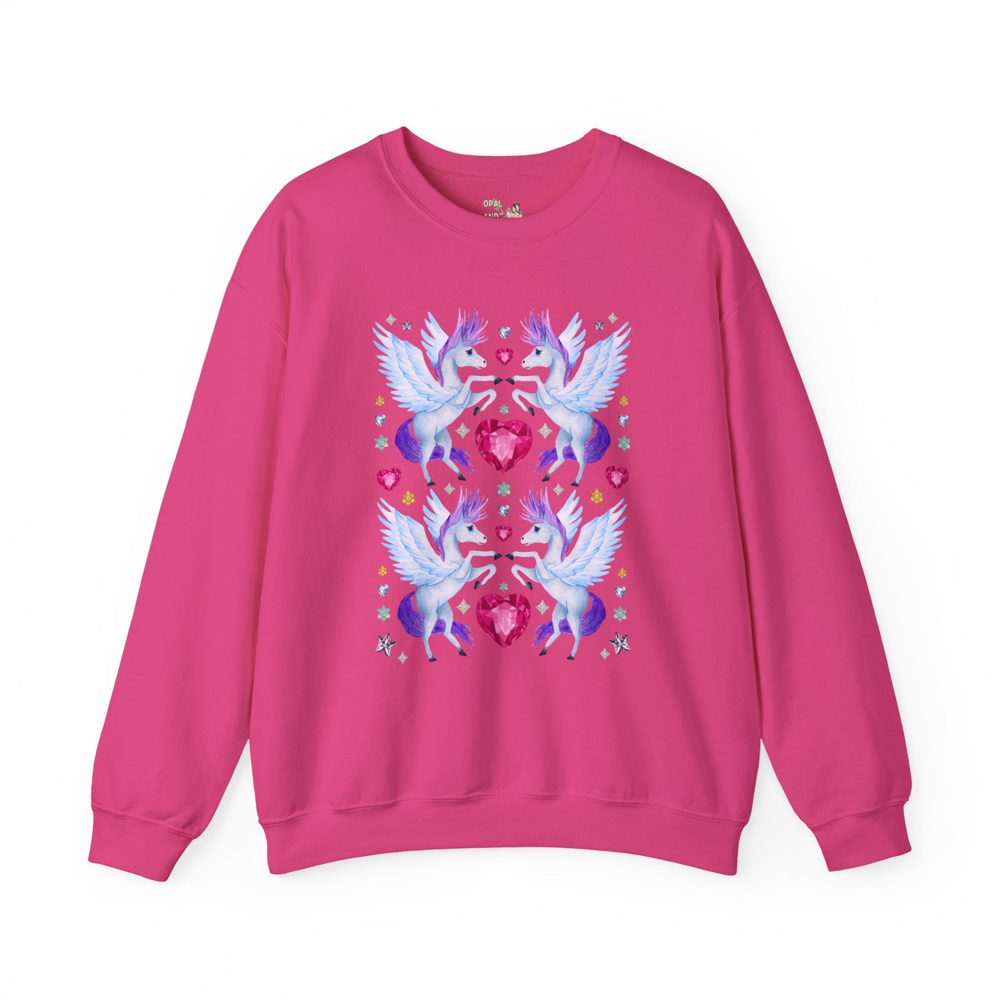 Horse Lover Nostalgic Blue and Purple Pegasus Sweatshirt with Hearts: Cute and Silly Y2K Aesthetic Animal Lover Crewneck for Fantasy Reader Bookworm