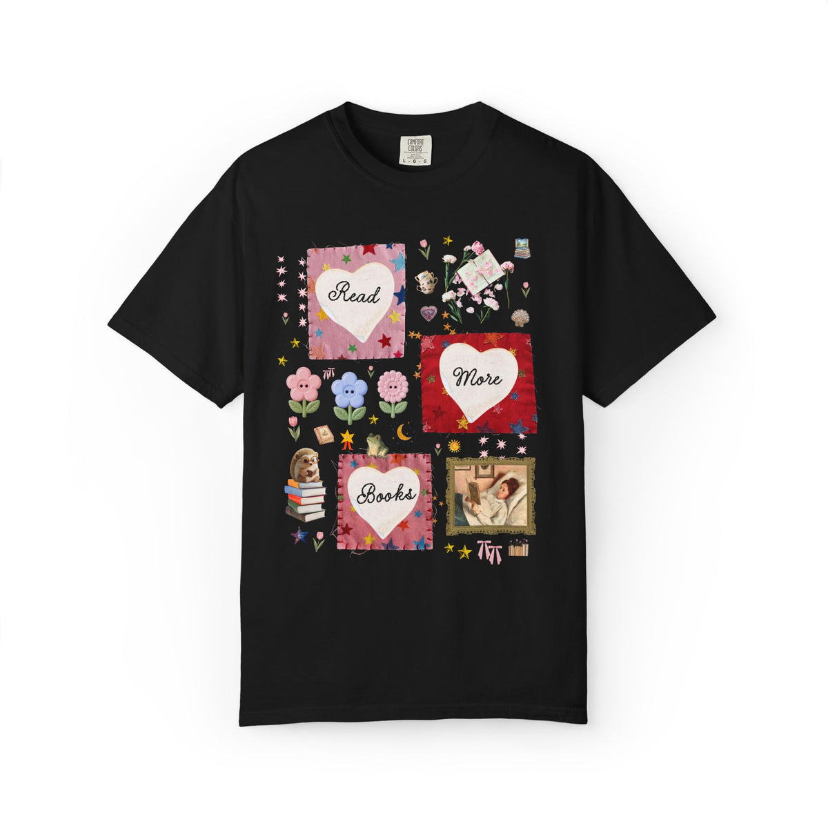 Read More Books Maximalist Collage T-Shirt with Hearts and Flowers, Whimsy Kitschy Soft Girl Style Tee Shirt for Book Lover or Bookworm