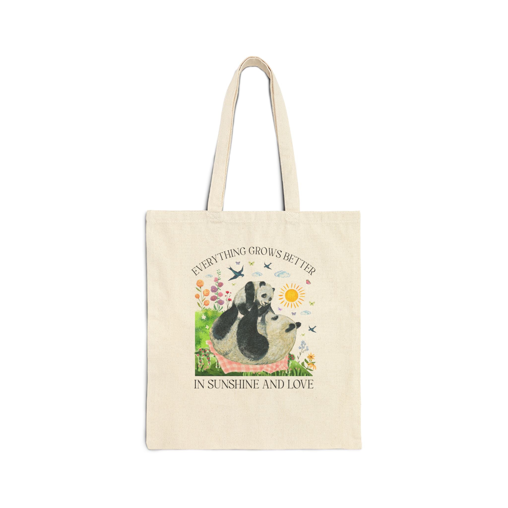 Animal Lover Panda Tote Bag with Flowers: Everything Grows Better in Sunshine and Love, Nostalgic Mother's Day Tote, New Mama, Mom of Toddlers
