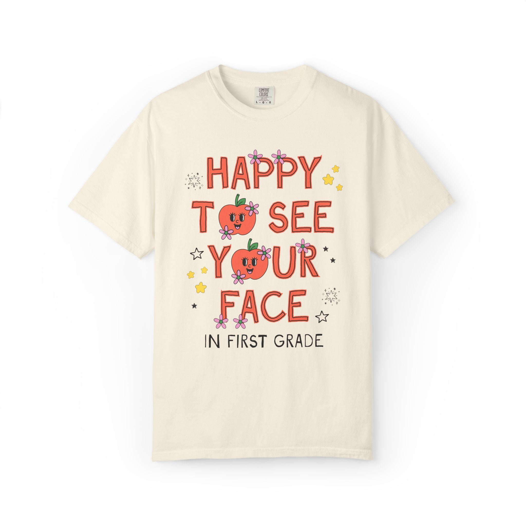 First Grade Teacher Team Tee Shirt: Happy to See Your Face | Cute Back to School T-Shirt with Retro Apples and Flowers, First Day of School