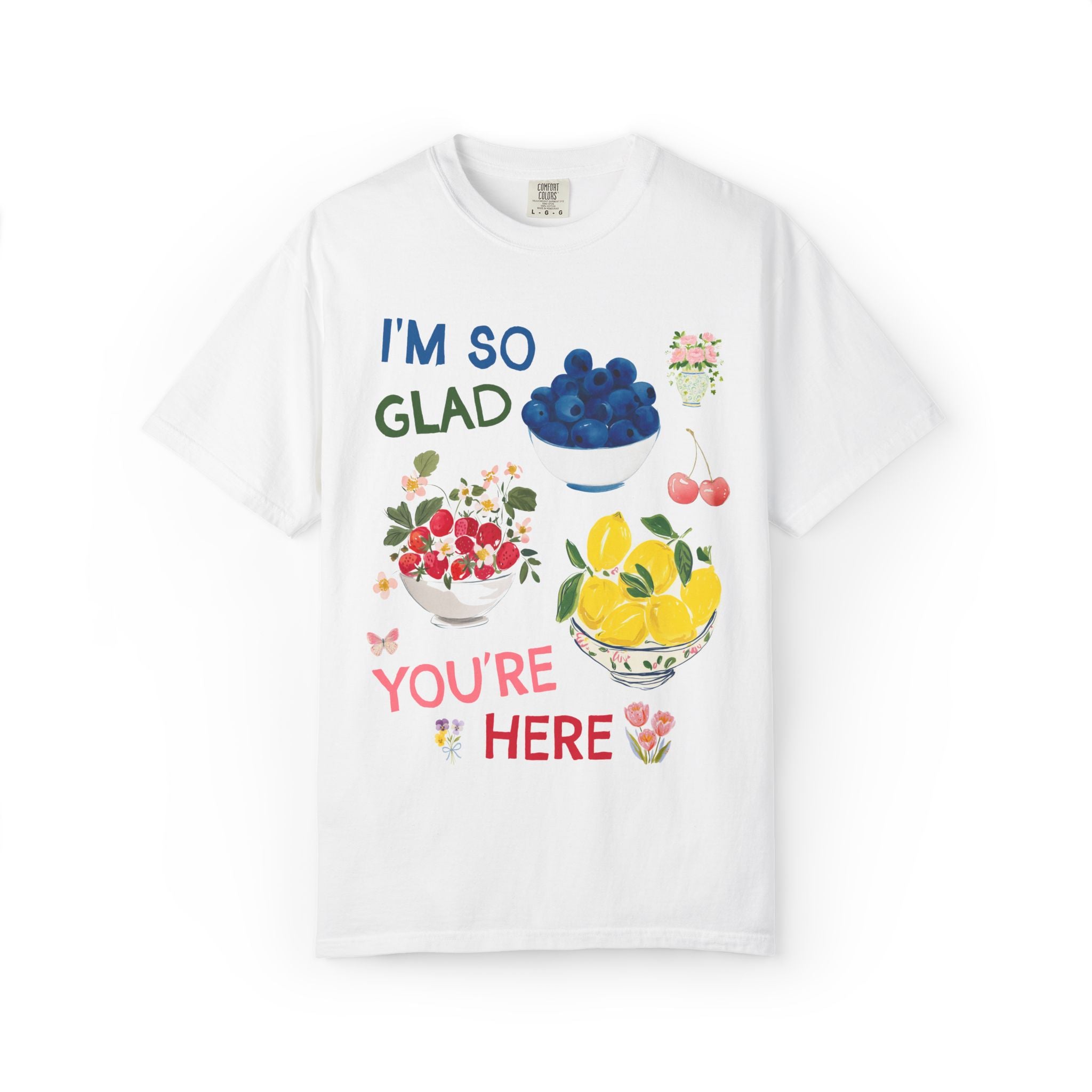 I'm So Glad You're Here Back to School Teacher T-Shirt with Strawberries Lemons and Blueberry Fruit, Whimsical Teacher Tee for First Day