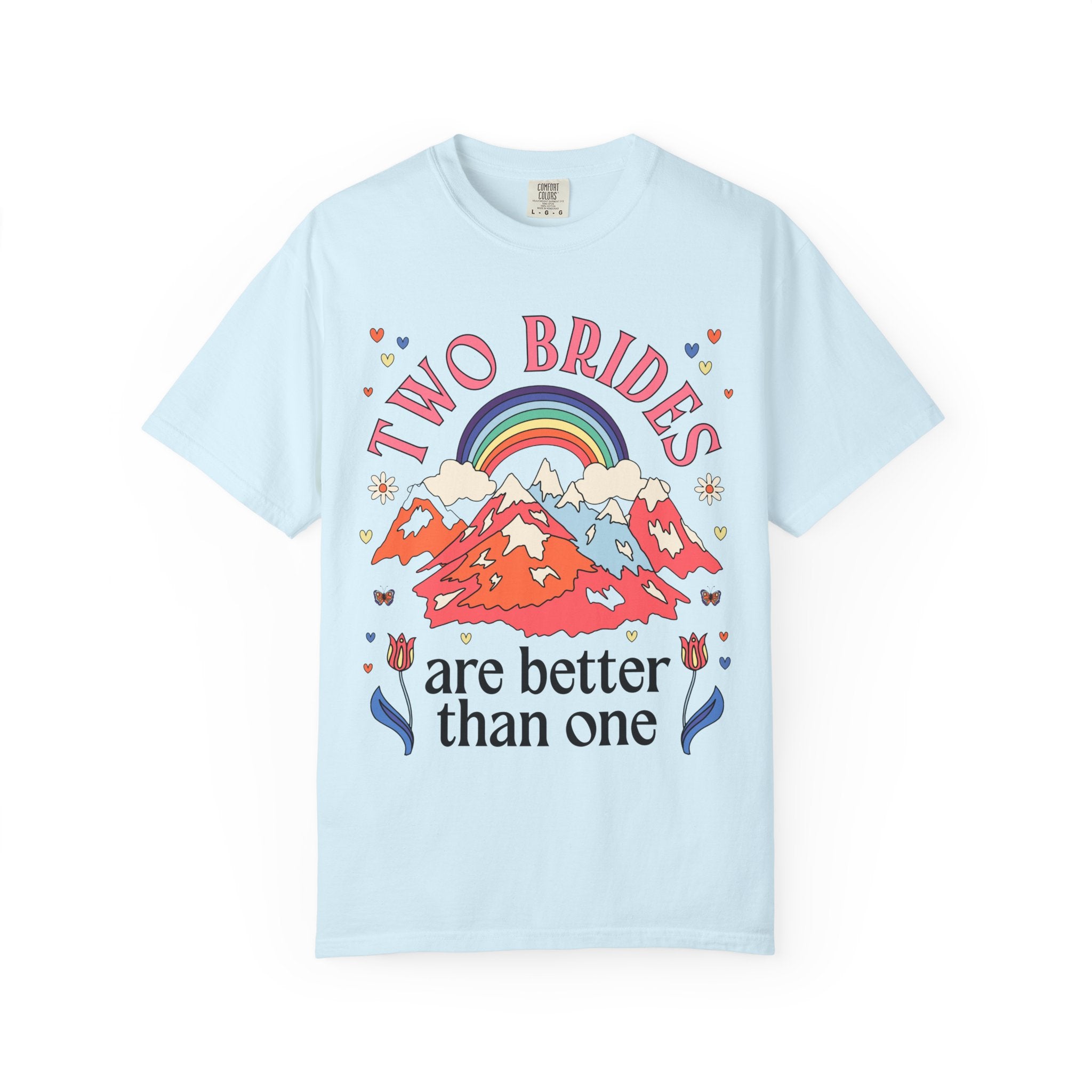 Lesbian Bachelorette Tee Shirt for LGBTQ Wedding Party: Two Brides are Better Than One Nostalgic 70s Aesthetic Rainbow Tee for Bridesmaids