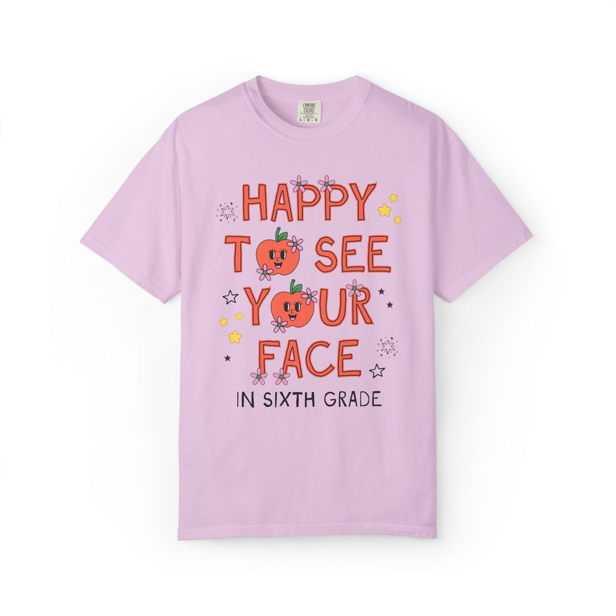 Sixth Grade Teacher Team Tee Shirt: Happy to See Your Face | Cute Back to School T-Shirt with Retro Apples and Flowers, First Day of School