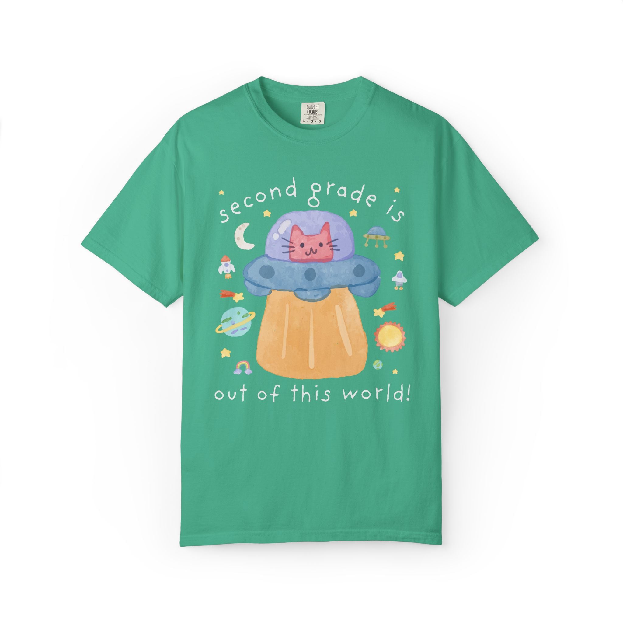 Matching Cat Mom Teacher Tee Shirt with Kitten in a UFO: Learning is Out of this World 90s Throwback Tee for Grade Level, Science Teacher