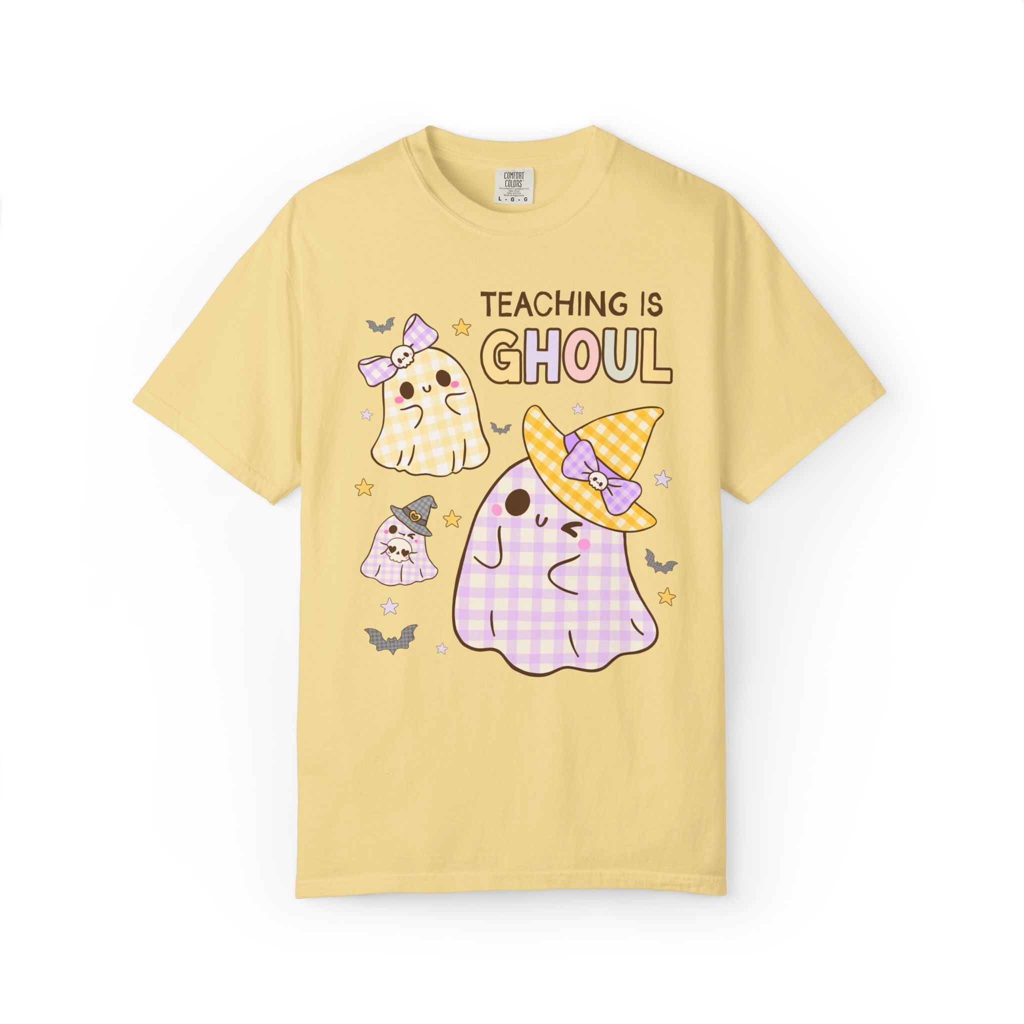 Pastel Halloween Teacher Team Tee Shirt with Cute Gingham Ghosts: Teaching is Ghoul, Spooky Season Matching Teacher T-Shirt for Fall