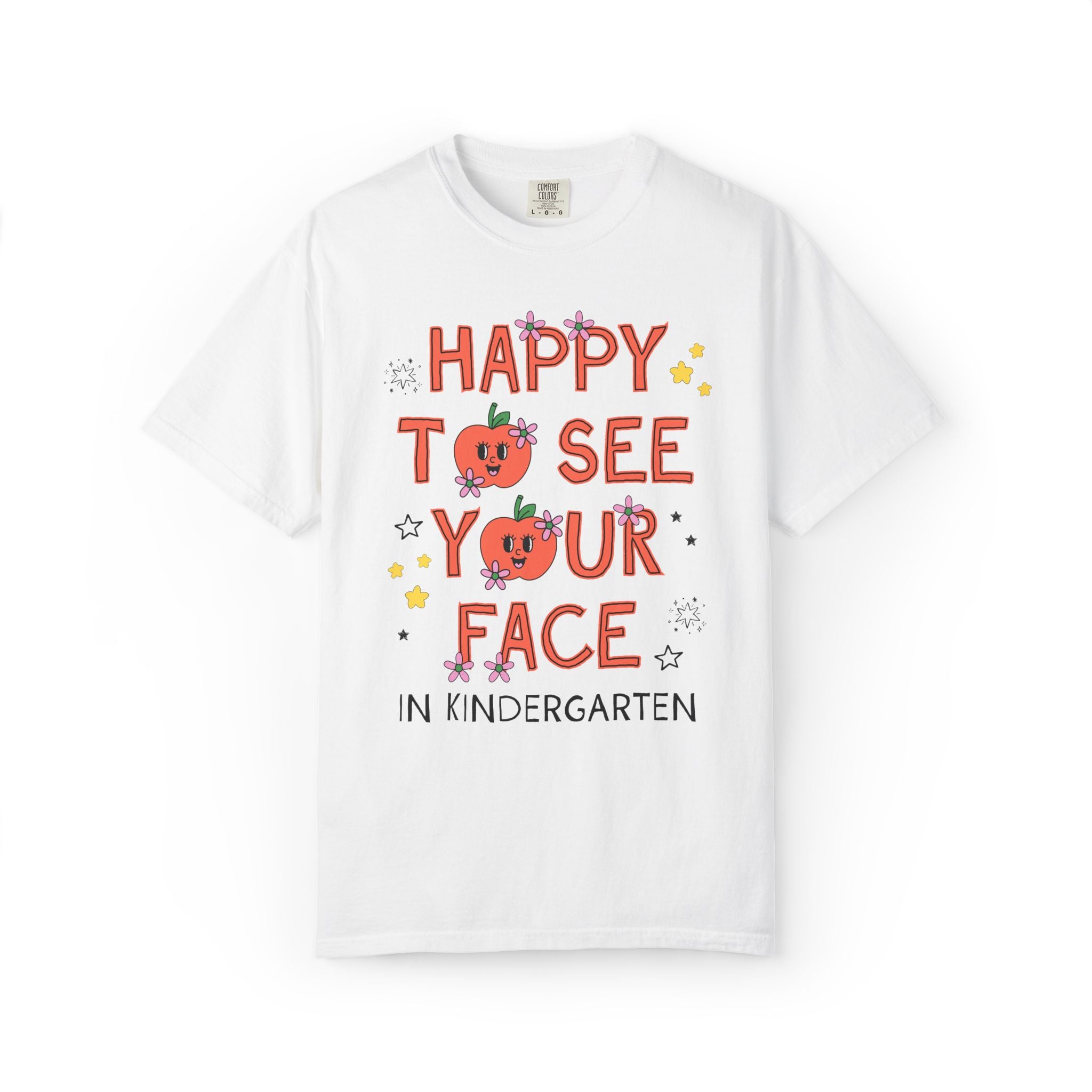 Kindergarten Teacher Team Tee Shirt: Happy to See Your Face | Cute Back to School T-Shirt with Retro Apples and Flowers, First Day of School