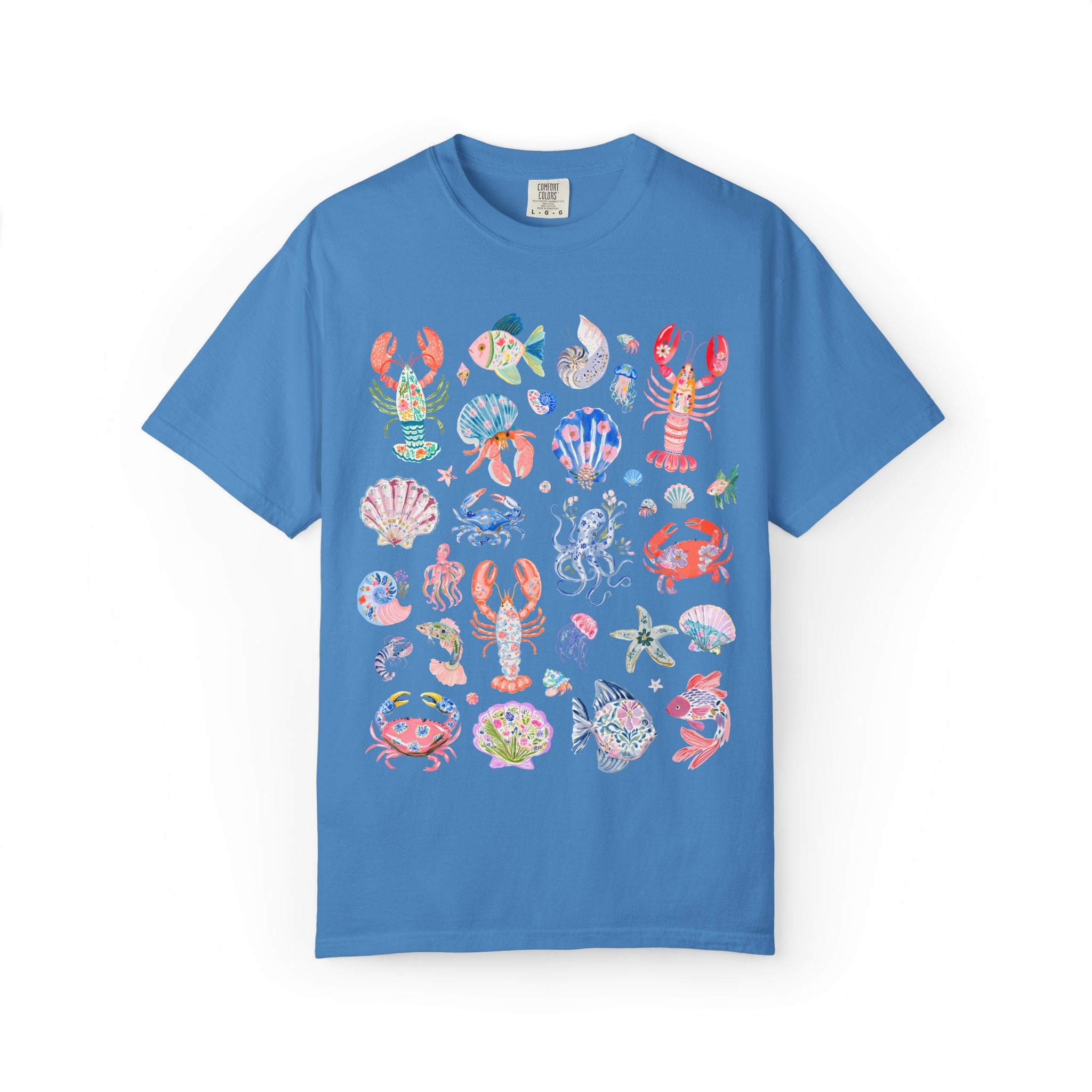 Floral Ocean Animal Lover Tee Shirt with Fish, Crabs, and Lobsters: Boho Flower Goblincore Tee for Trip to Beach, Matching Cruise Shirt