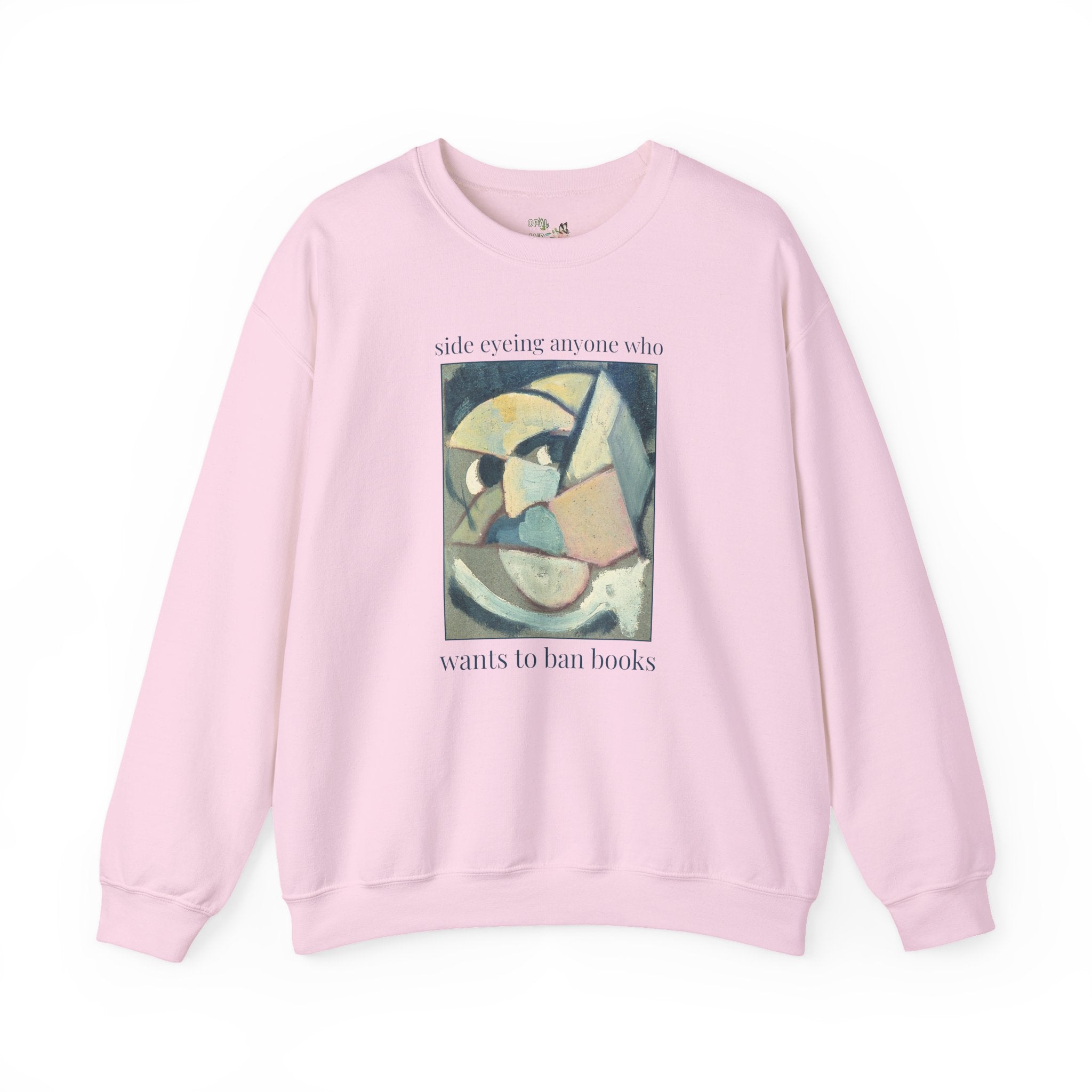 Read Banned Books Art History Lover Sweatshirt, Abstracted Portrait by Theo van Doesburg, Funny Book Lover Crewneck for Librarian or Reader
