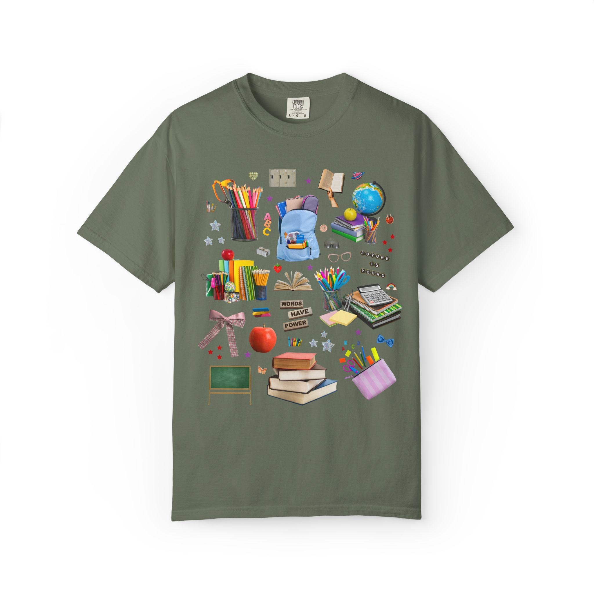 School Supply Matching Teacher T-Shirt for History Department or Middle School Office Staff, Words Have Power Education Collage with Stars