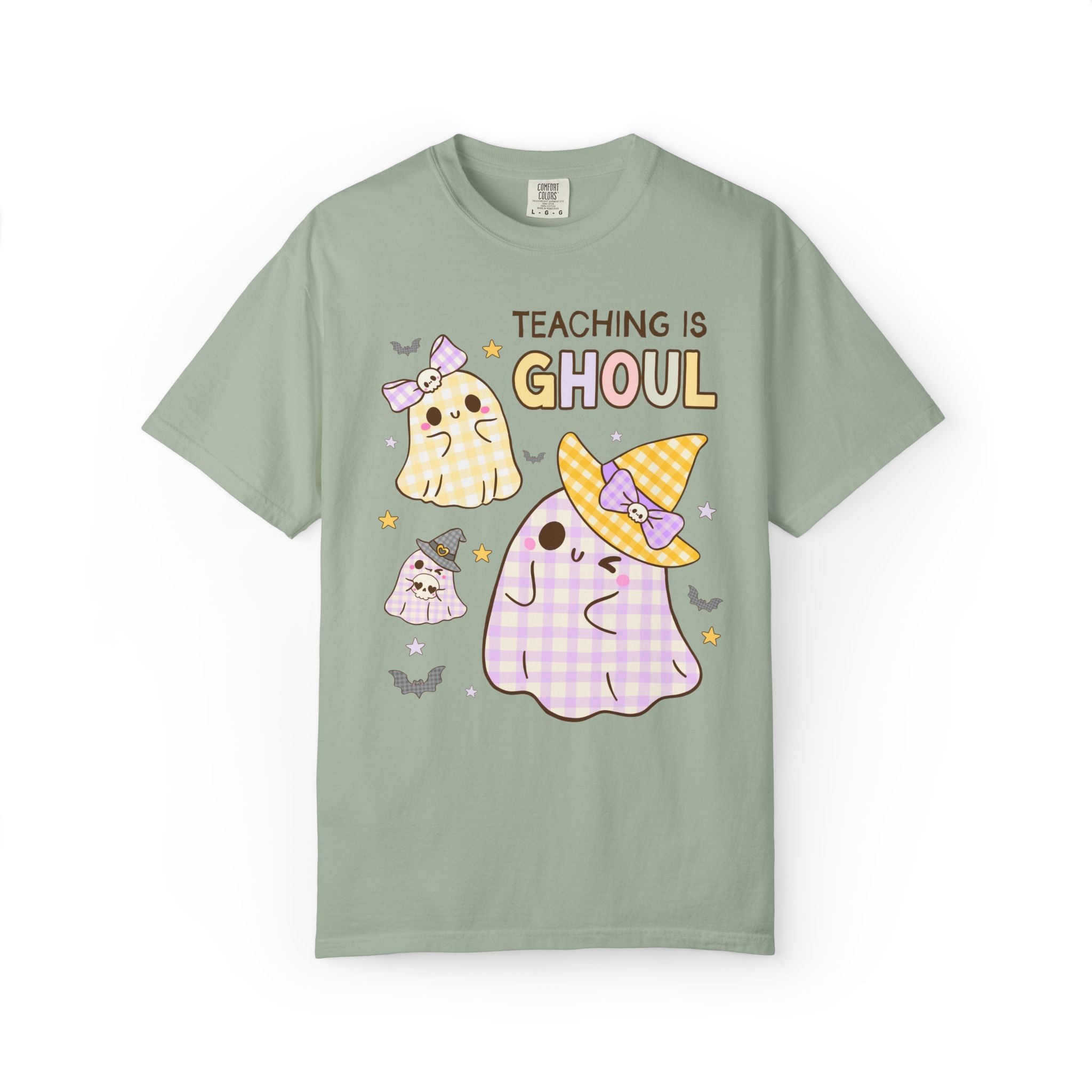 Pastel Halloween Teacher Team Tee Shirt with Cute Gingham Ghosts: Teaching is Ghoul, Spooky Season Matching Teacher T-Shirt for Fall