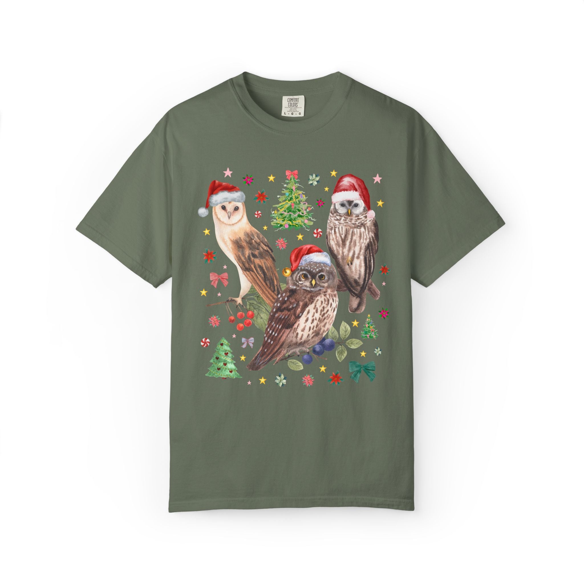 Christmas Owl Animal Lover Tee Shirt with Owls Wearing Santa Hats, Funny Nostalgic 90s Aesthetic Maximalist Tee, Bird Lover or Birdwatcher