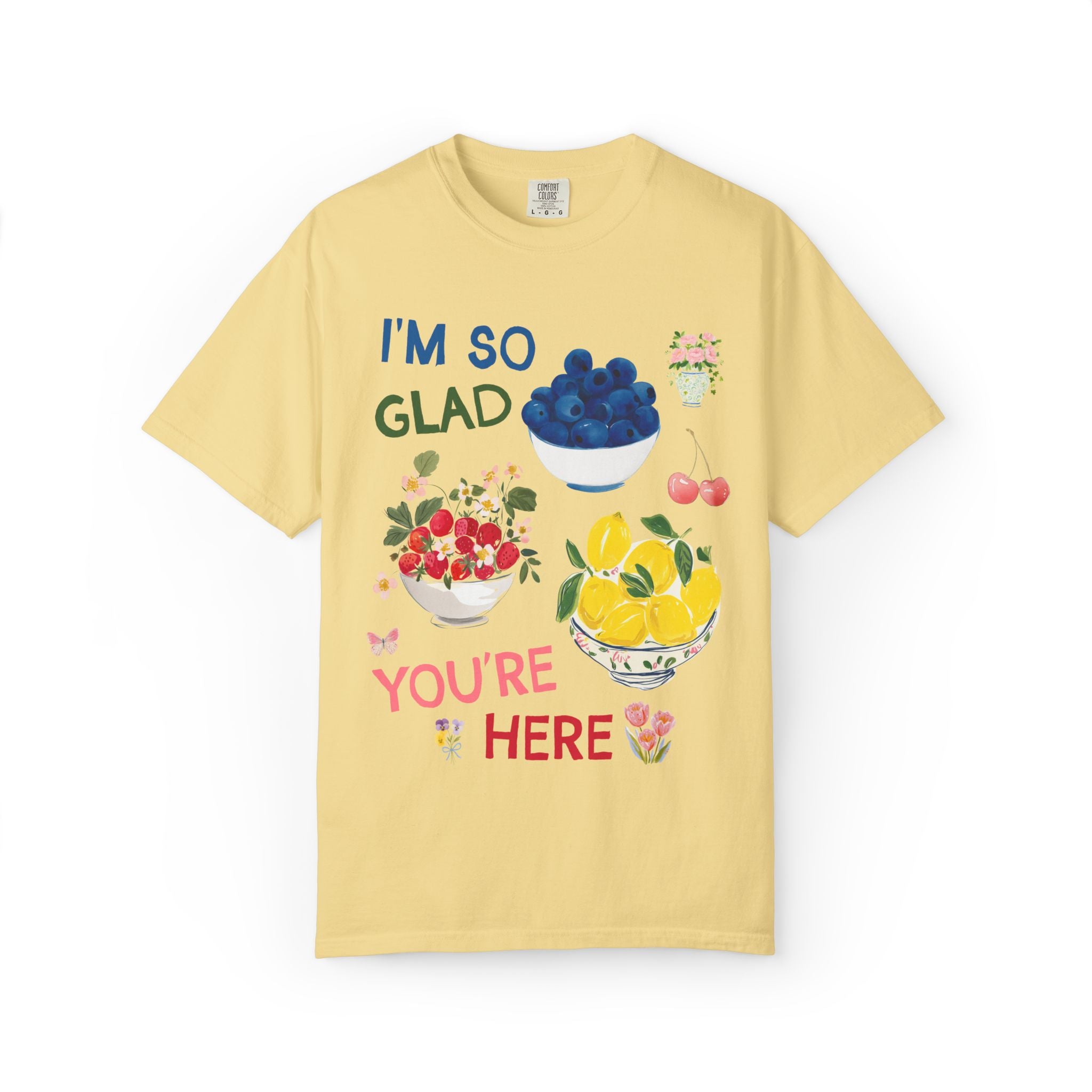 I'm So Glad You're Here Back to School Teacher T-Shirt with Strawberries Lemons and Blueberry Fruit, Whimsical Teacher Tee for First Day