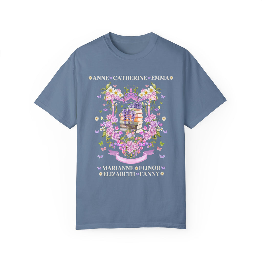 Floral Jane Austen Heroine T-Shirt Featuring Iconic Female Characters in Blue, Book Merch for Regency Romance Reader, English Literature Major 