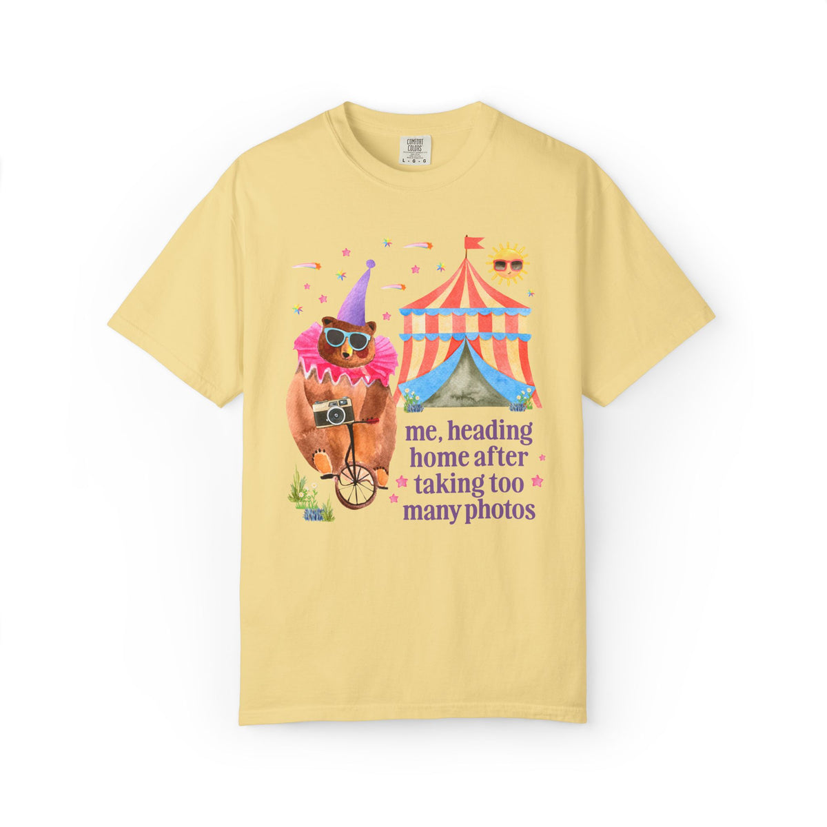 Me, Heading Home After Taking Too Many Photos: Funny Dreamcore Circus Bear Tee Shirt with Animal Holding a Camera, Photographer Gift