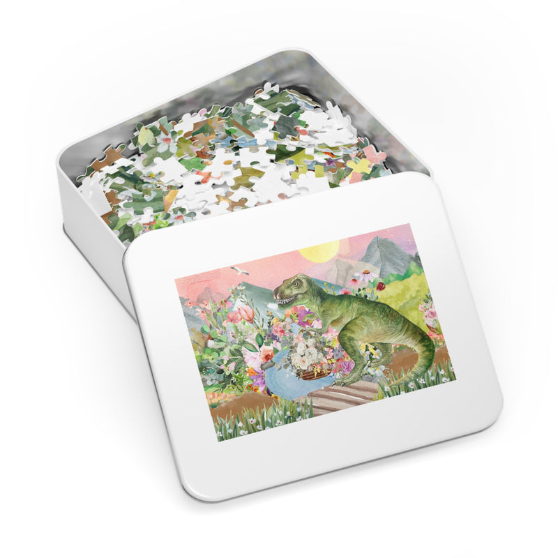 Puzzle of Dinosaur with Flowers: Funny Unique Puzzle of TRex Crossing a Bridge | Creative Kitschy Puzzle for Adults, Gift for Dinosaur Lover