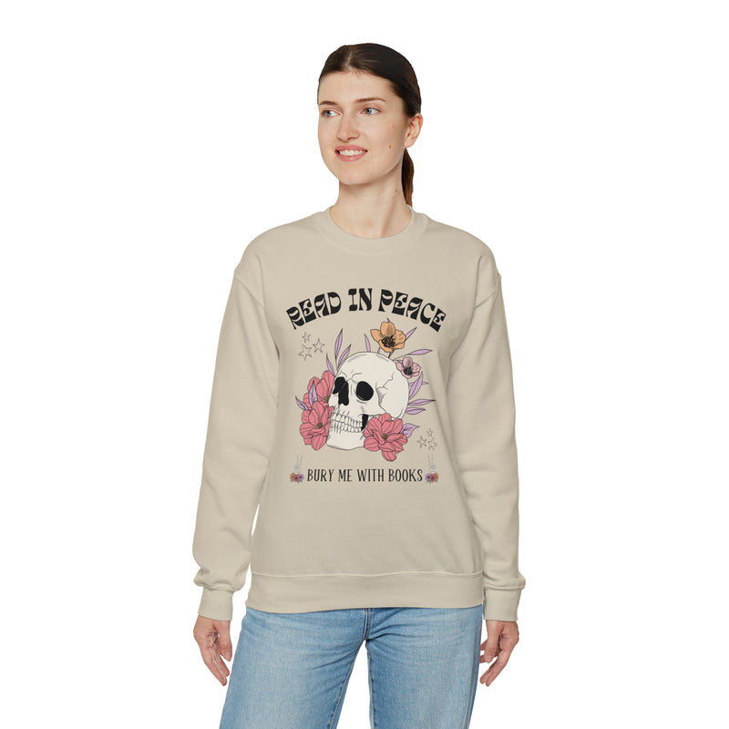 Bookish Floral Skull Crewneck for Halloween: Read In Peace | Funny Cottagecore Spooky Season Gift