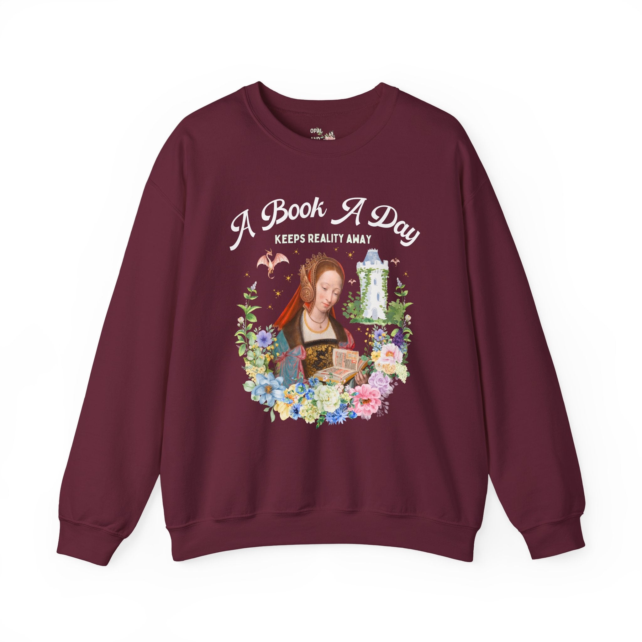 A Book A Day Keeps Reality Away: Bookish Art History Sweatshirt, The Master of Frankfurt Dragon Lover Fantasy Romance Reader Crewneck with Flowers