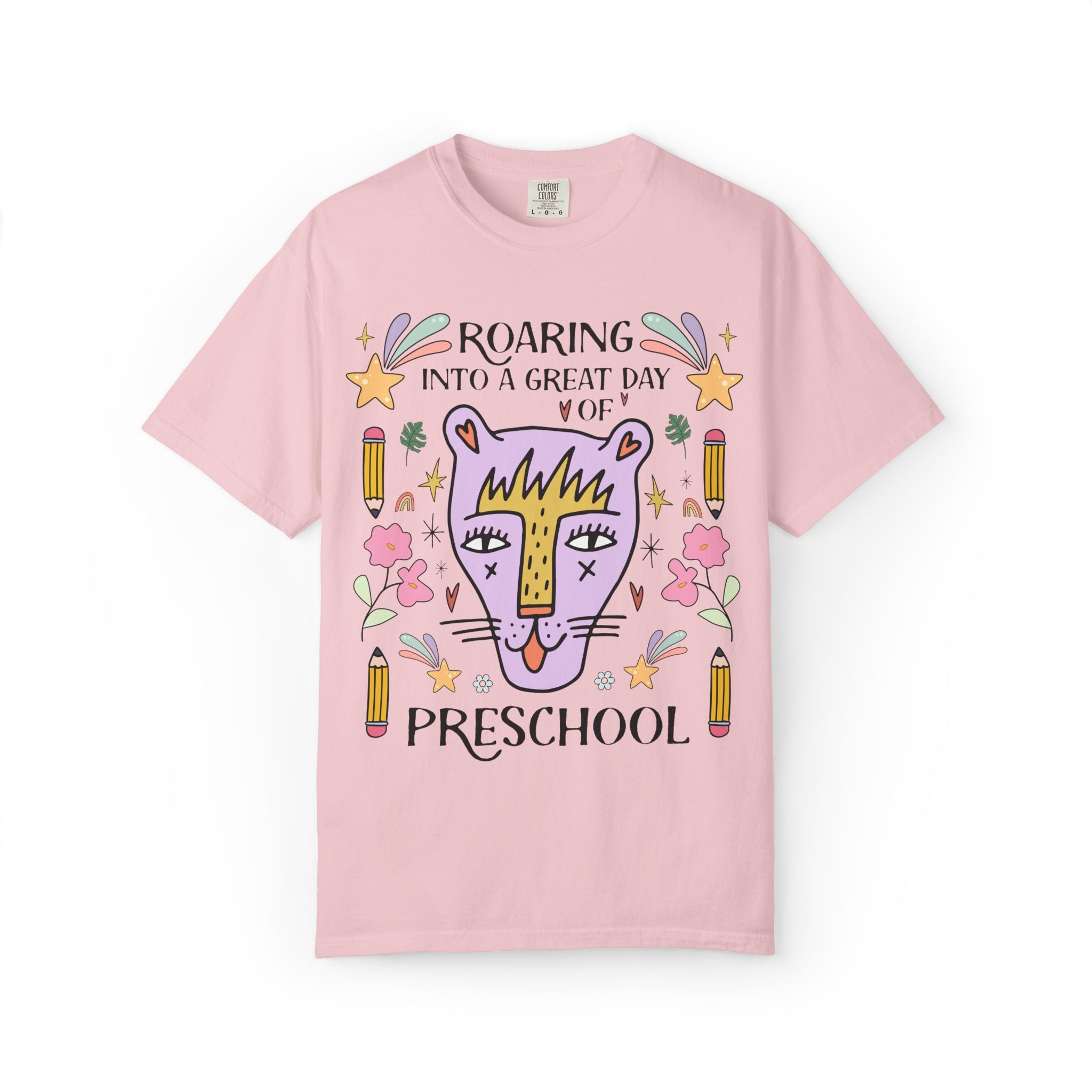 Preschool Teacher Tee Shirt: Roaring Into a Great Day of Preschool | Cute Matching Teacher or School Office Staff Tee with Pencils