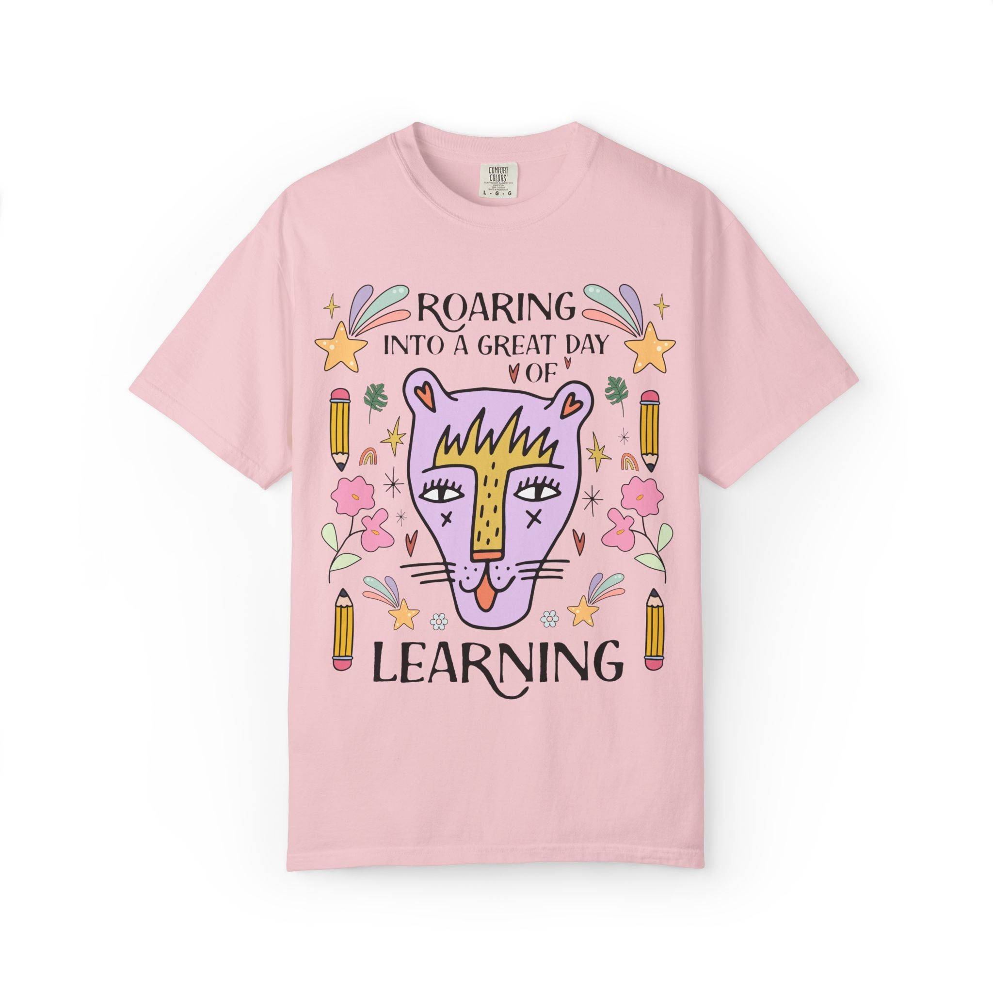 Matching Teacher Tee Shirt: Roaring Into a Great Day of Learning | Cute Matching Teacher or School Office Staff Tee with Pencils and Flowers
