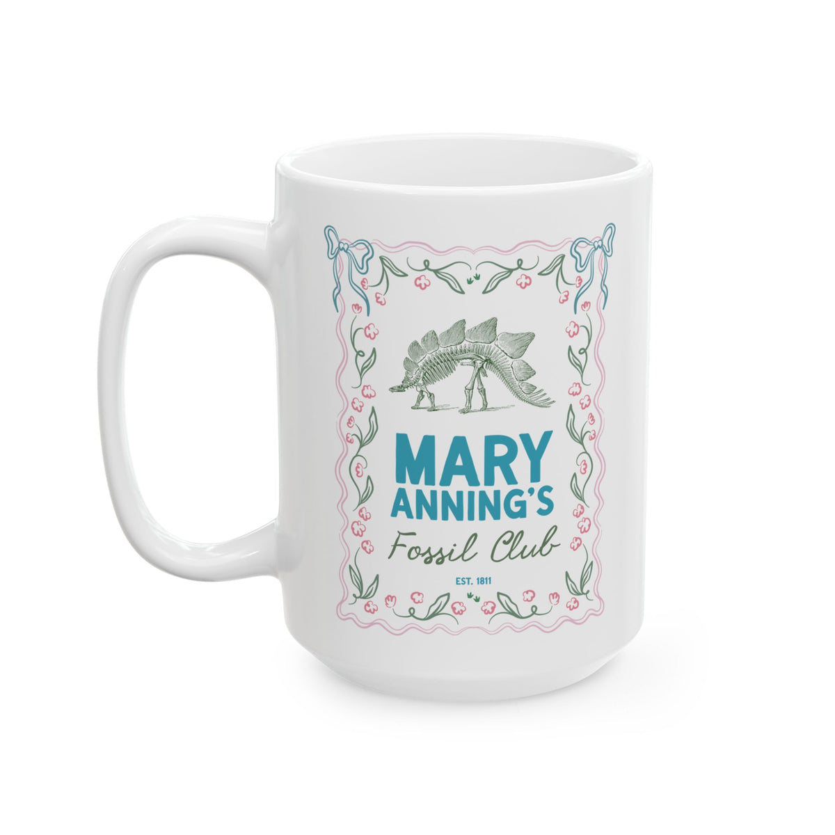 Mary Anning's Fossil Club Coffee Mug with Bows: Women's History Paleontologist or Dinosaur Lover Gift for UK History Buff