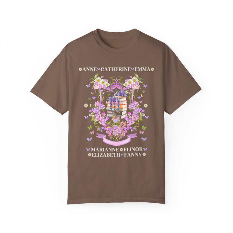 Jane Austen Floral Heroine Tee Shirt in Brown, Iconic Female Characters Anne, Catherine, and Emma | Book Merch for Literature Enthusiasts with Butterflies and Floral Accents