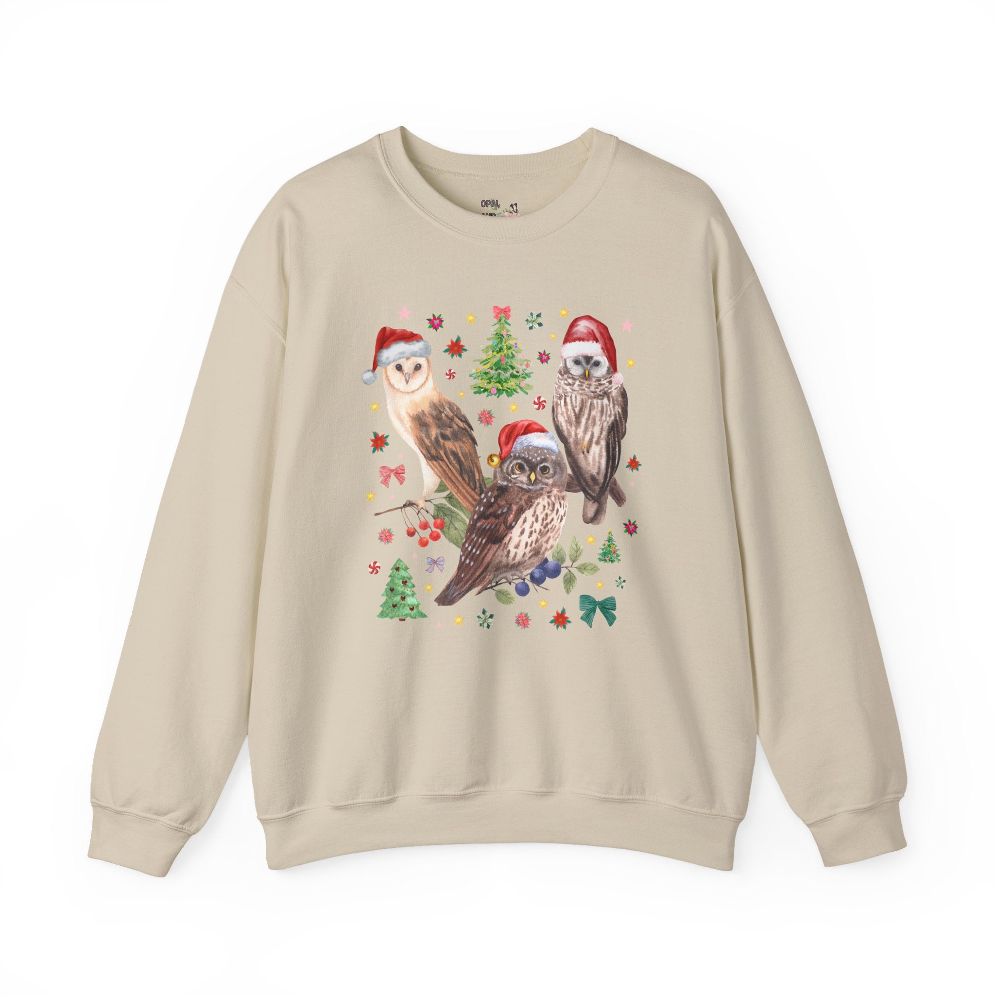 Christmas Owl Animal Lover Sweatshirt with Owls Wearing Santa Hats, Funny Nostalgic 90s Aesthetic Maximalist Crewneck, Bird Lover or Birdwatcher