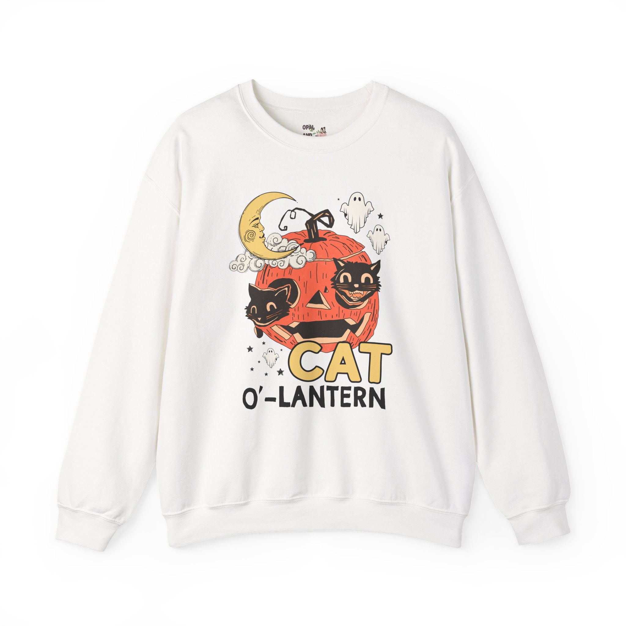 Halloween Cat Lover Sweatshirt with Pumpkin and Ghosts: Nostalgic Halloween Crewneck for Cat Mom or Cat Dad, Silly Cat Lover Halloween Shirt