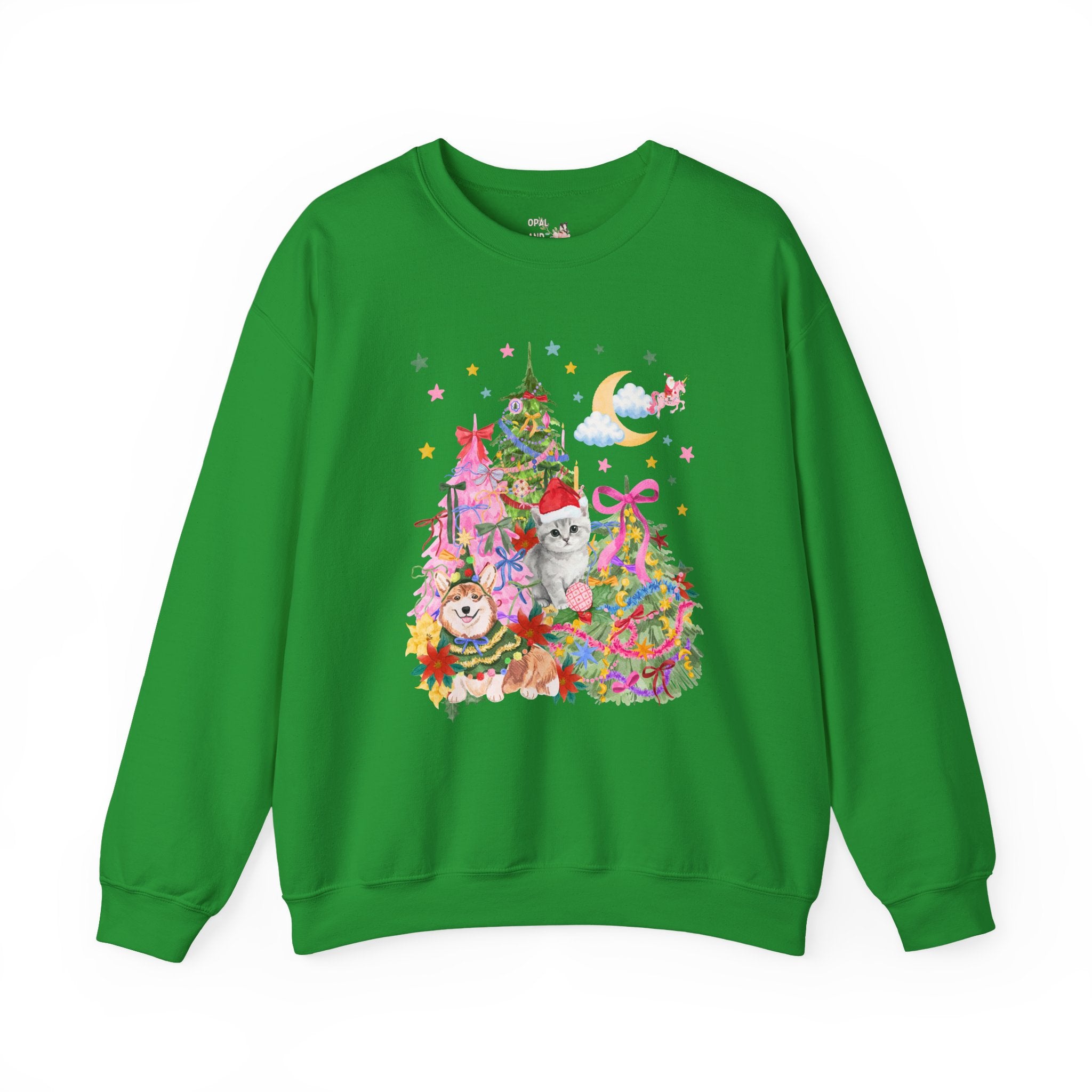 Kitschy Christmas Sweatshirt with with Corgi and Kitten: Funny Nostalgic 90s Aesthetic Xmas Crewneck for Animal Lover, Eclectic Holiday Shirt with Stars