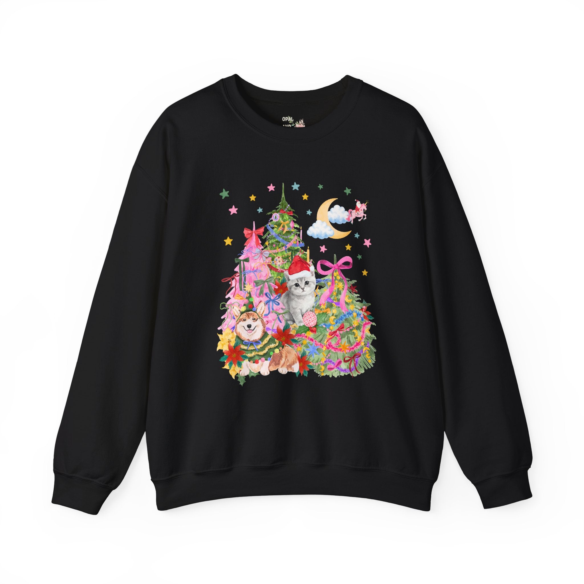 Kitschy Christmas Sweatshirt with with Corgi and Kitten: Funny Nostalgic 90s Aesthetic Xmas Crewneck for Animal Lover, Eclectic Holiday Shirt with Stars