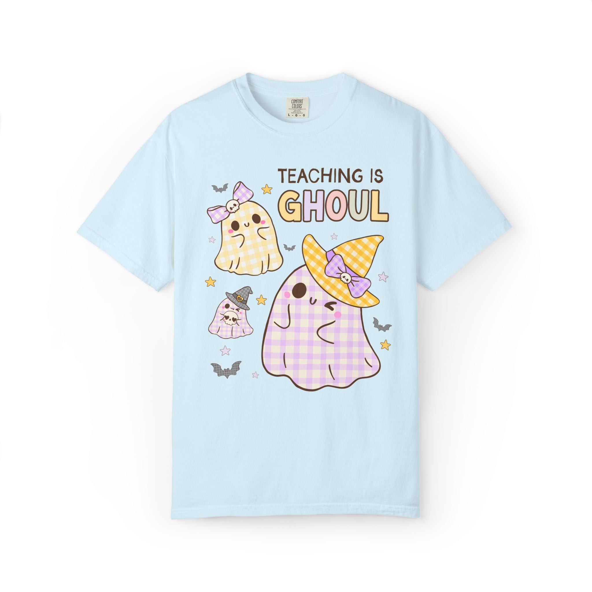 Pastel Halloween Teacher Team Tee Shirt with Cute Gingham Ghosts: Teaching is Ghoul, Spooky Season Matching Teacher T-Shirt for Fall