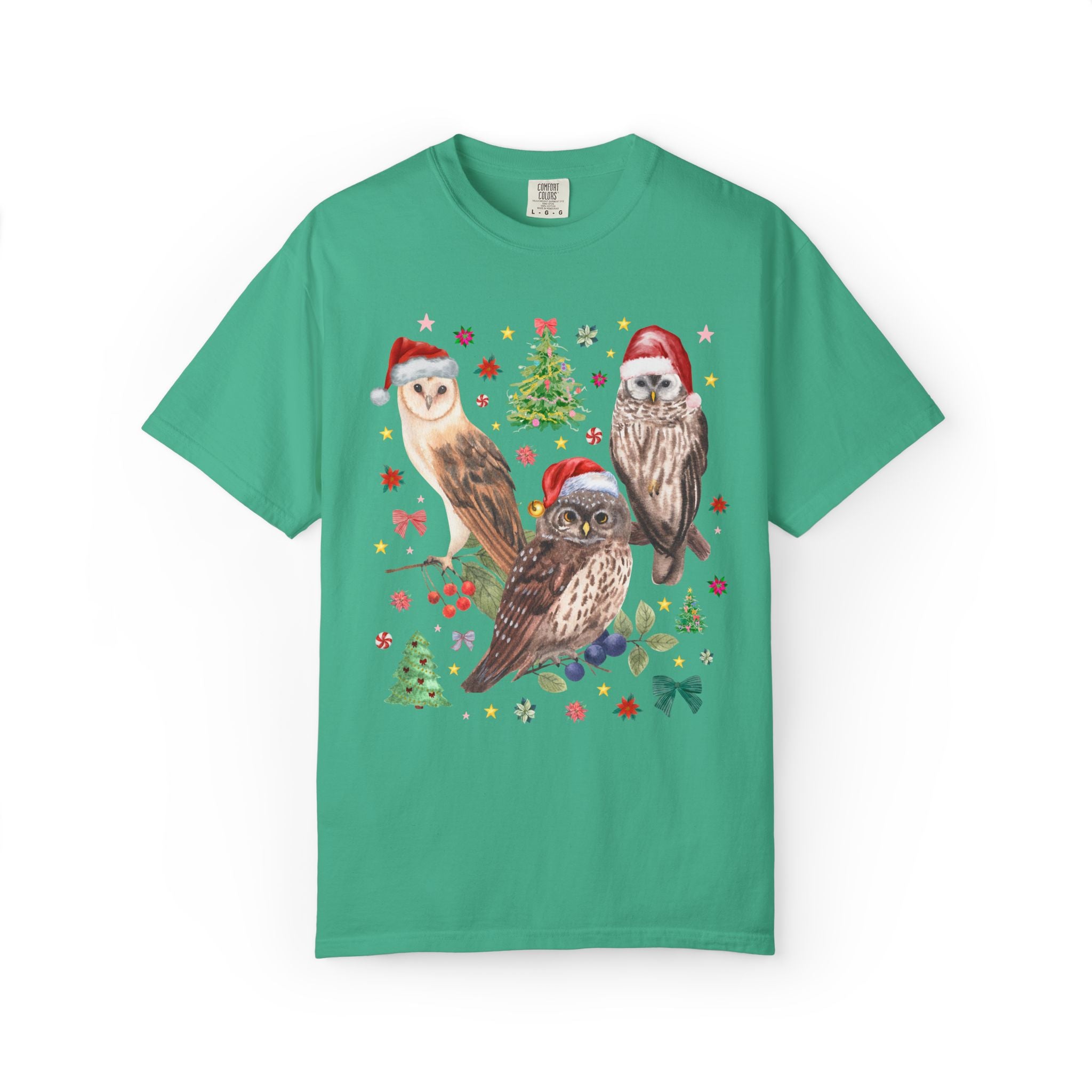 Christmas Owl Animal Lover Tee Shirt with Owls Wearing Santa Hats, Funny Nostalgic 90s Aesthetic Maximalist Tee, Bird Lover or Birdwatcher