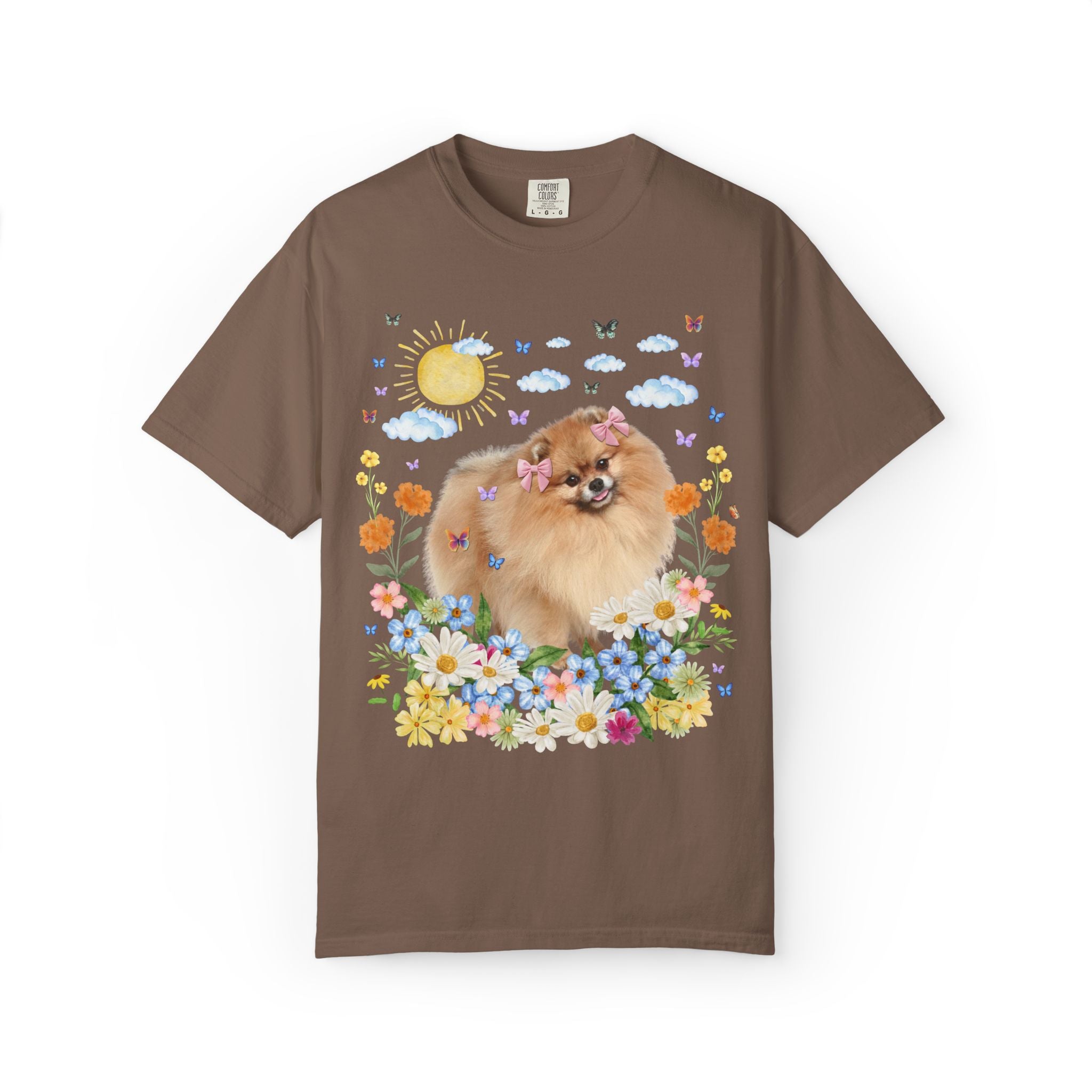 Funny Pomeranian Owner Dog Lover Gift with Flowers: Silly 90s Aesthetic Dog Parent T-Shirt with Butterflies, Nostalgic Puppy Lover Tee