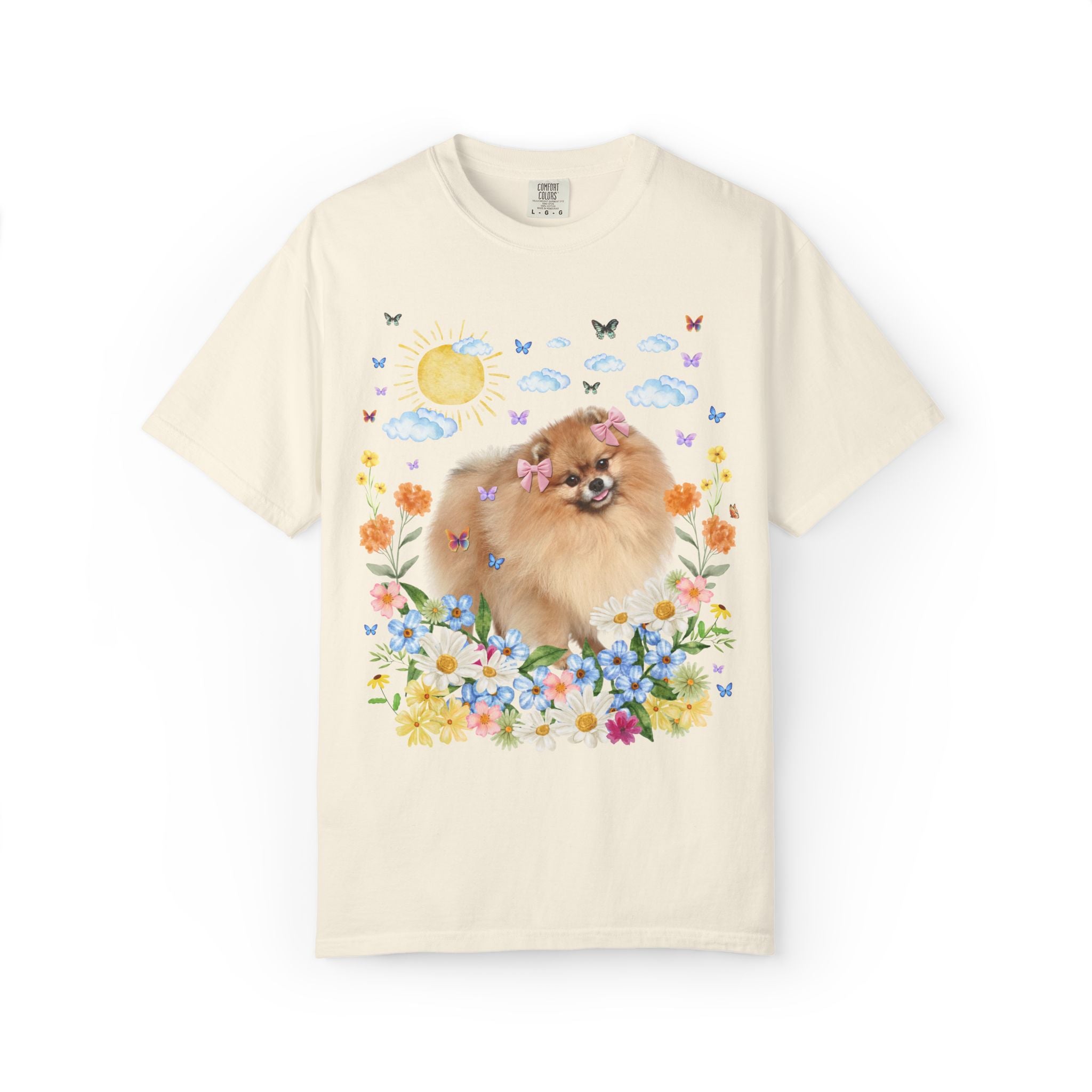 Funny Pomeranian Owner Dog Lover Gift with Flowers: Silly 90s Aesthetic Dog Parent T-Shirt with Butterflies, Nostalgic Puppy Lover Tee