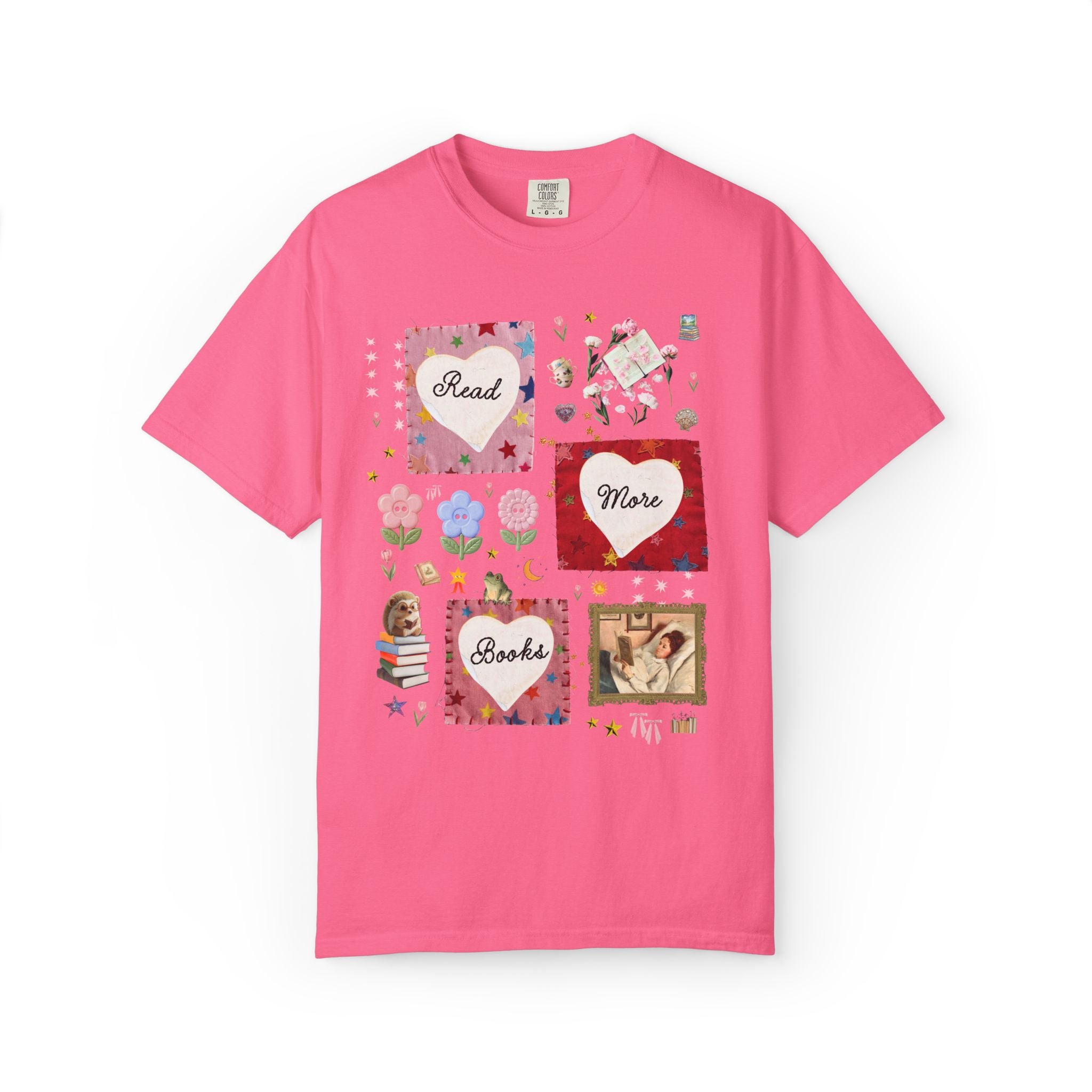 Read More Books Maximalist Collage T-Shirt with Hearts and Flowers, Whimsy Kitschy Soft Girl Style Tee Shirt for Book Lover or Bookworm