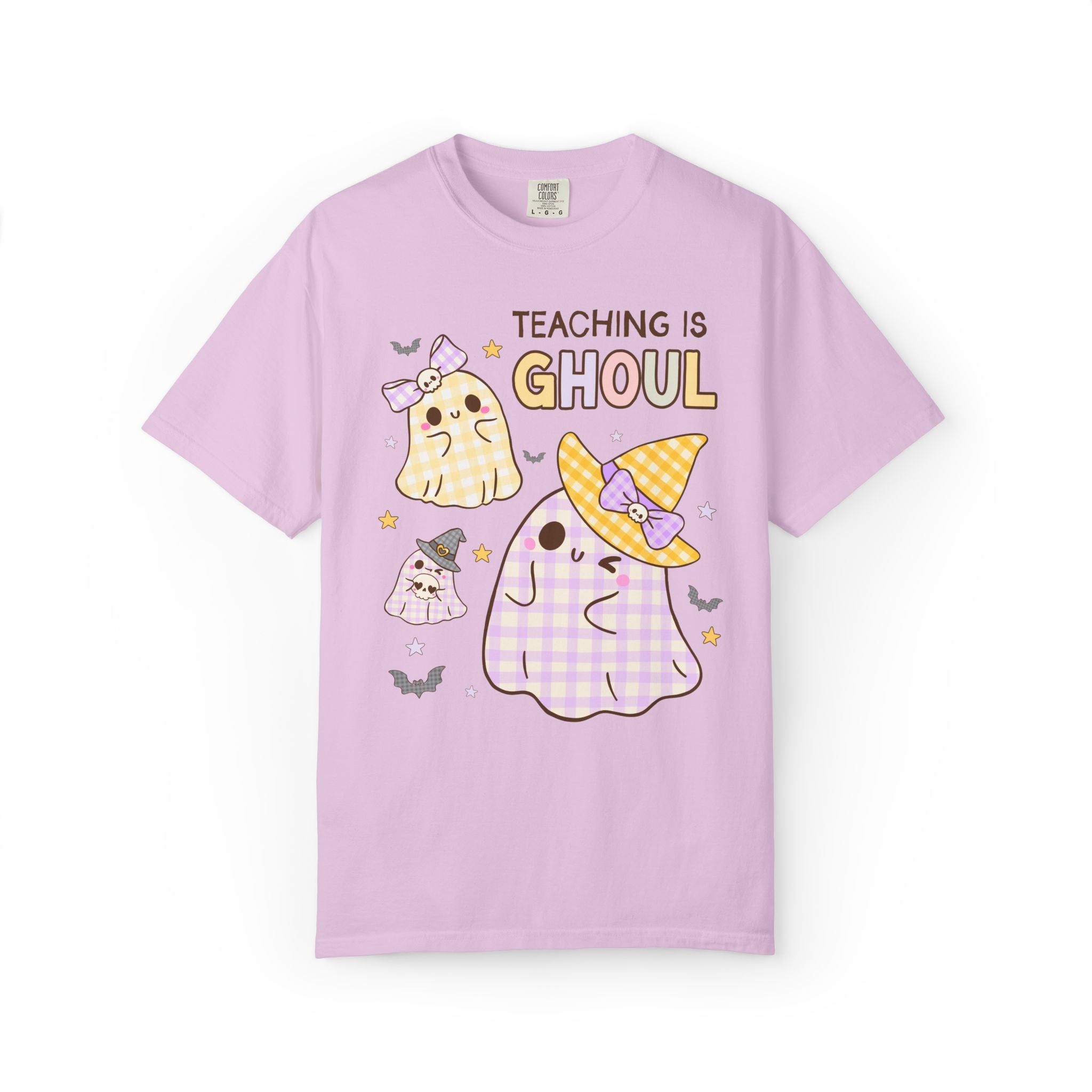 Pastel Halloween Teacher Team Tee Shirt with Cute Gingham Ghosts: Teaching is Ghoul, Spooky Season Matching Teacher T-Shirt for Fall