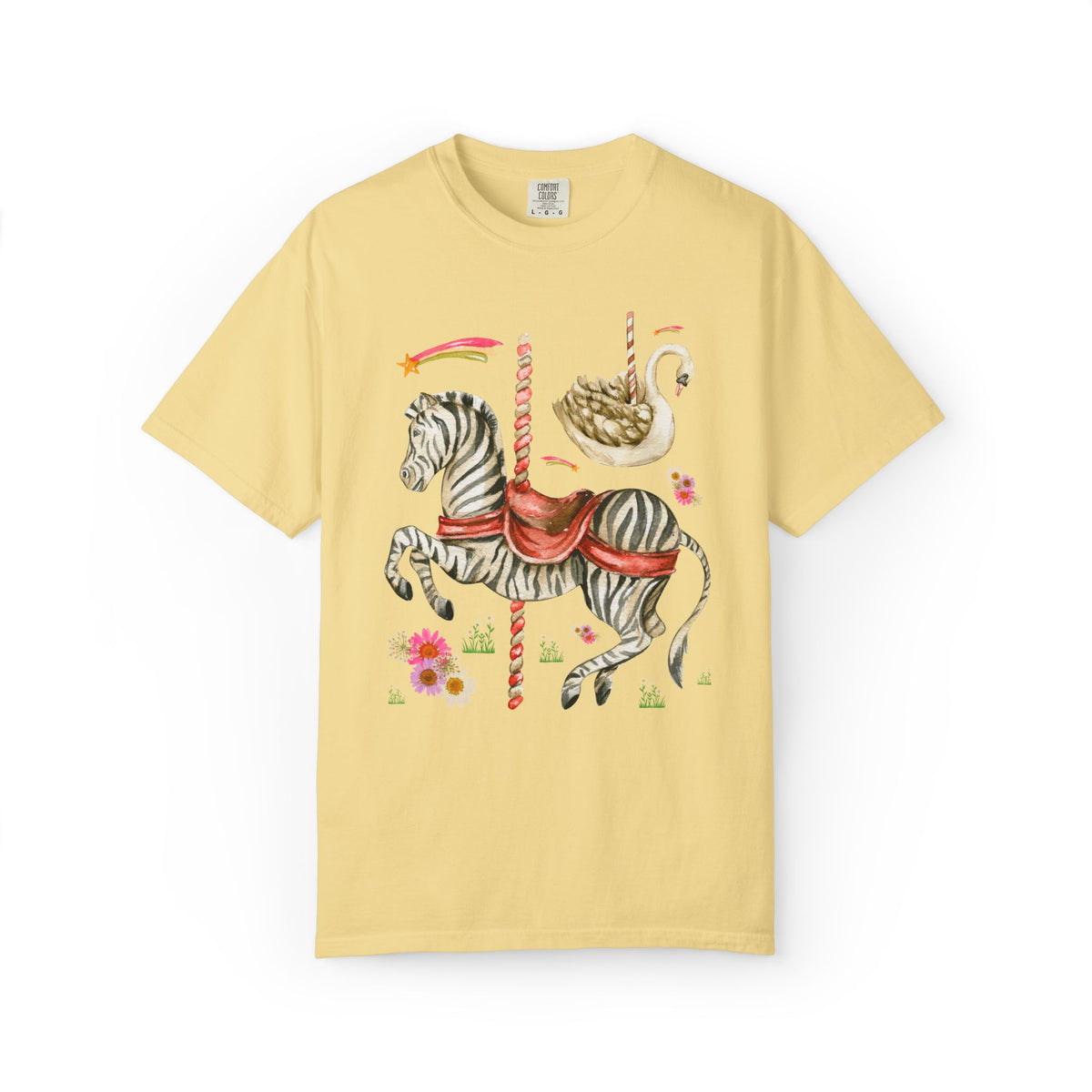 Zebra and Swan Nostalgic Carousal T-Shirt for Animal Lover with Shooting Stars and Flowers