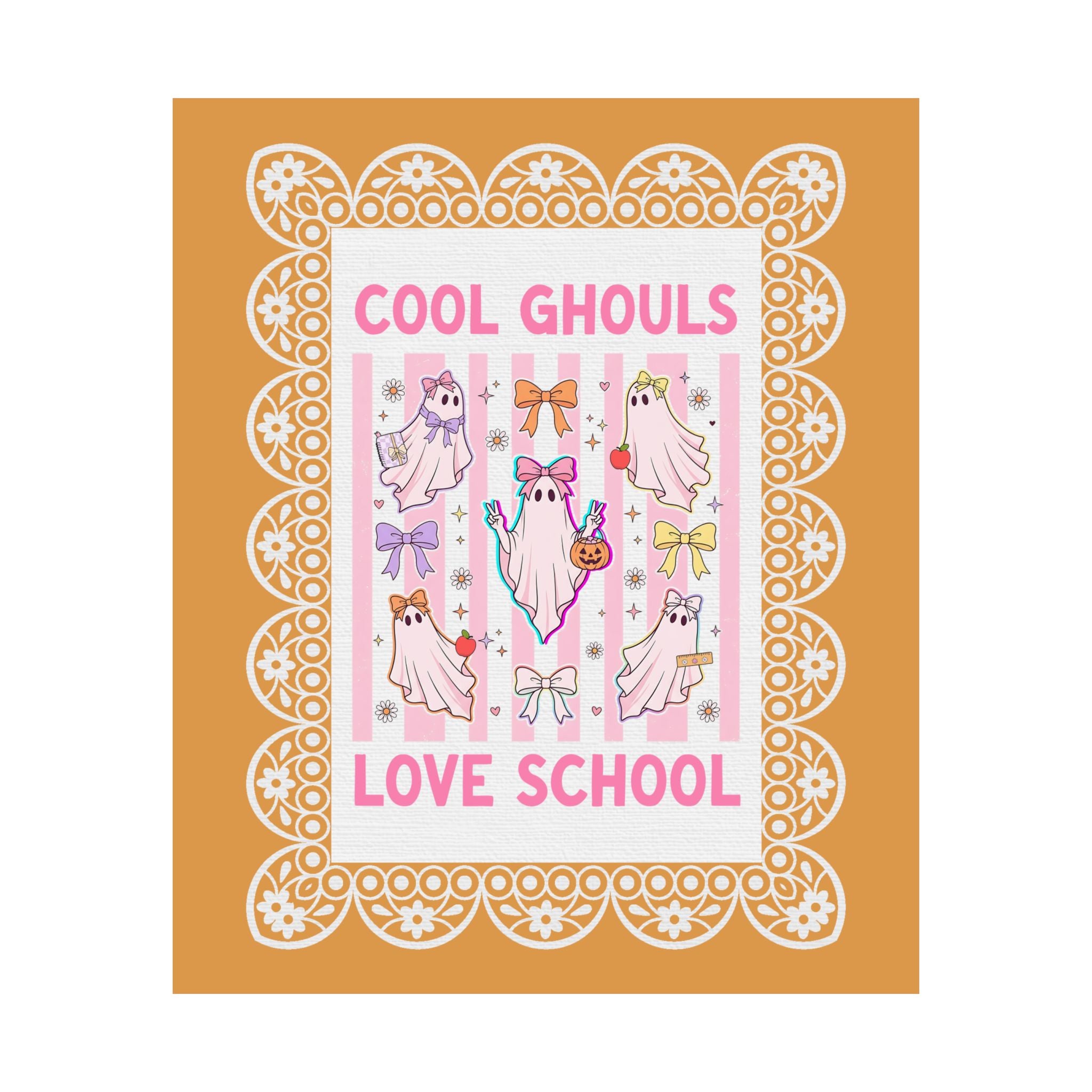 Cool Ghouls Love School Halloween Teacher Poster Print with Pink Stripes and Cute Ghosts, Matching Halloween School Office Staff Wall Decor